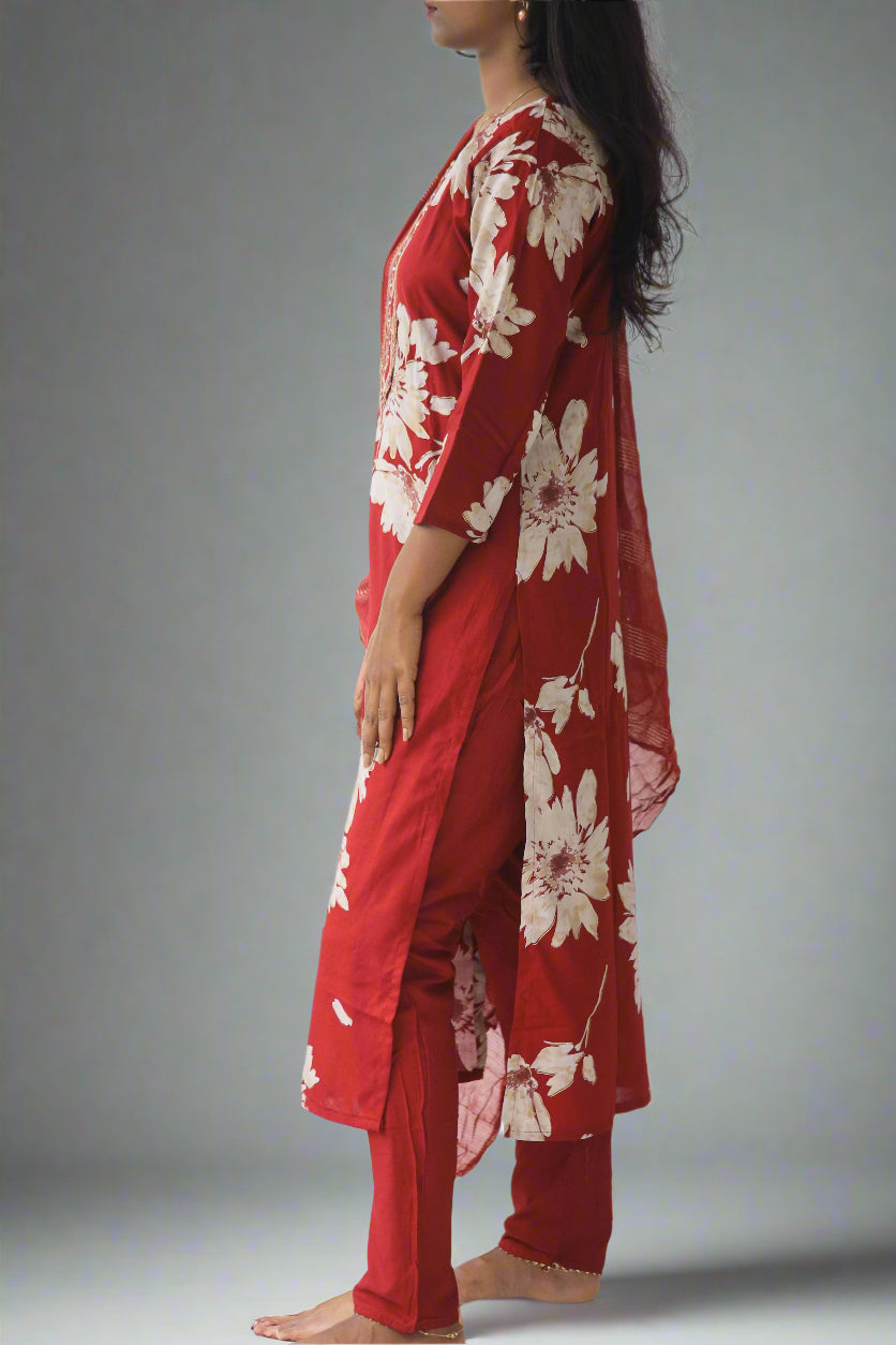 Red 3 Piece Set with Mirror Work