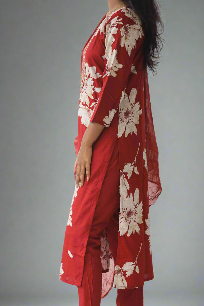 Red 3 Piece Set with Mirror Work
