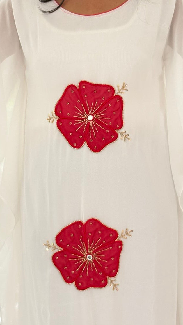 Kaftan- Red floral stone worked white kaftan