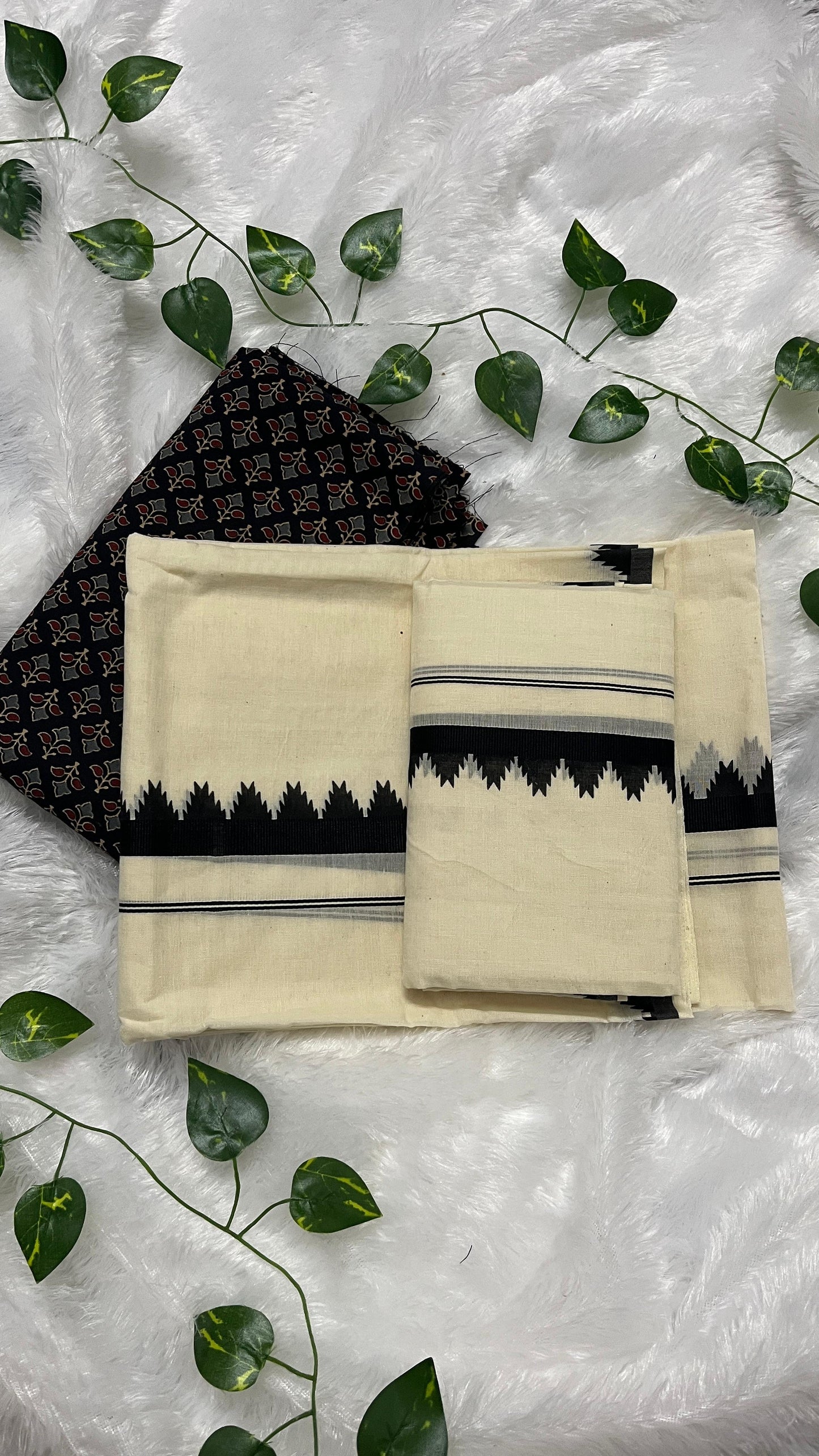 Kerala Set Mundu with Black Temple Border