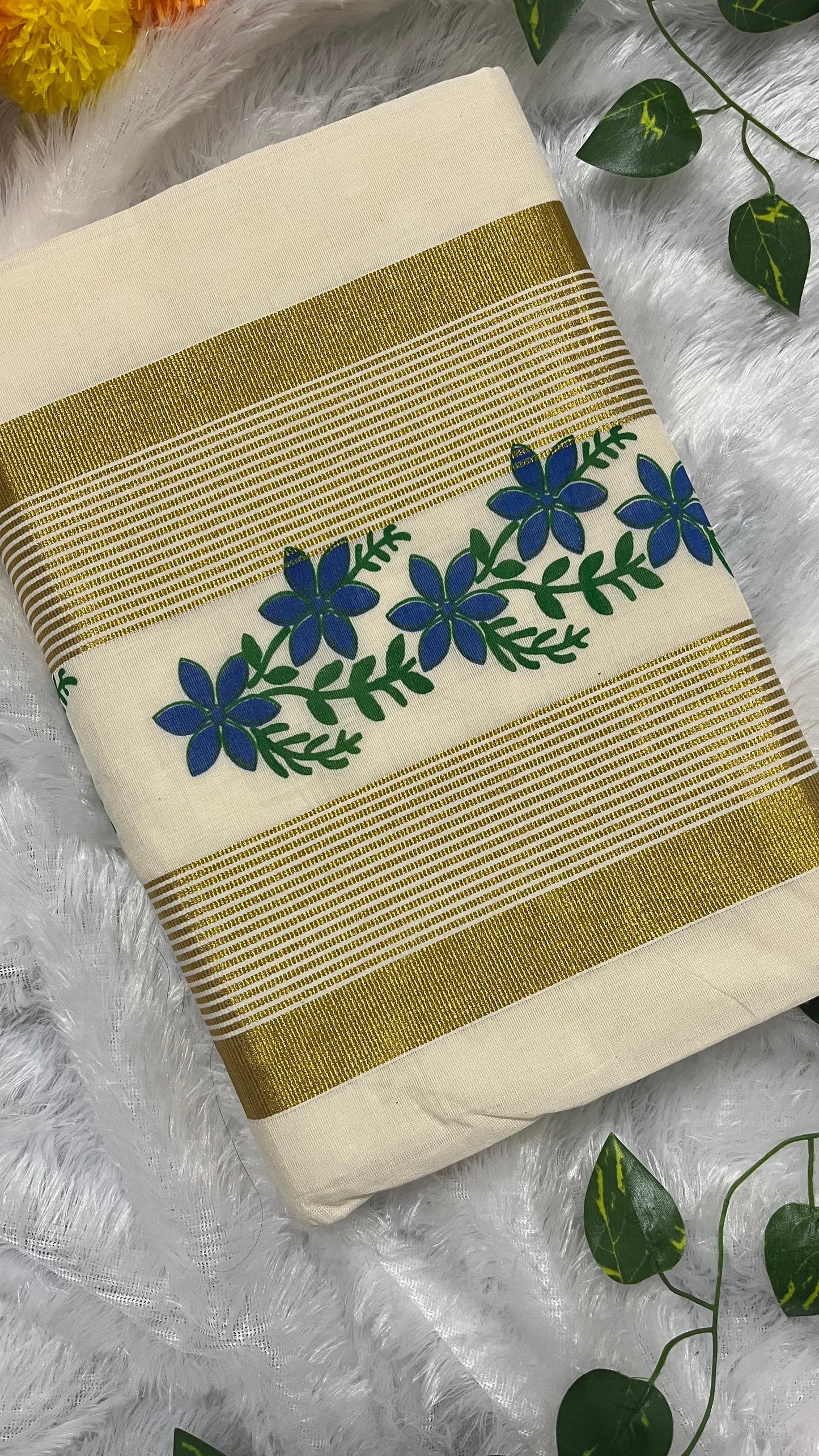 Neerthamara – Blue Floral Print Kerala Saree