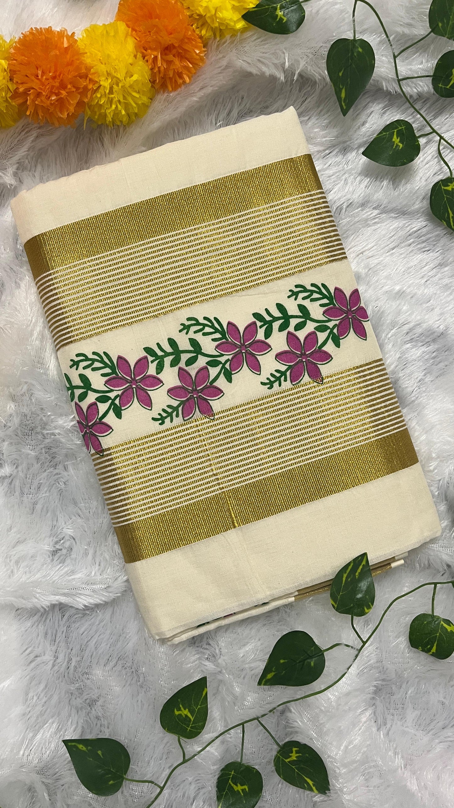 Pavizha Malli – Pink Floral Print Kerala Saree