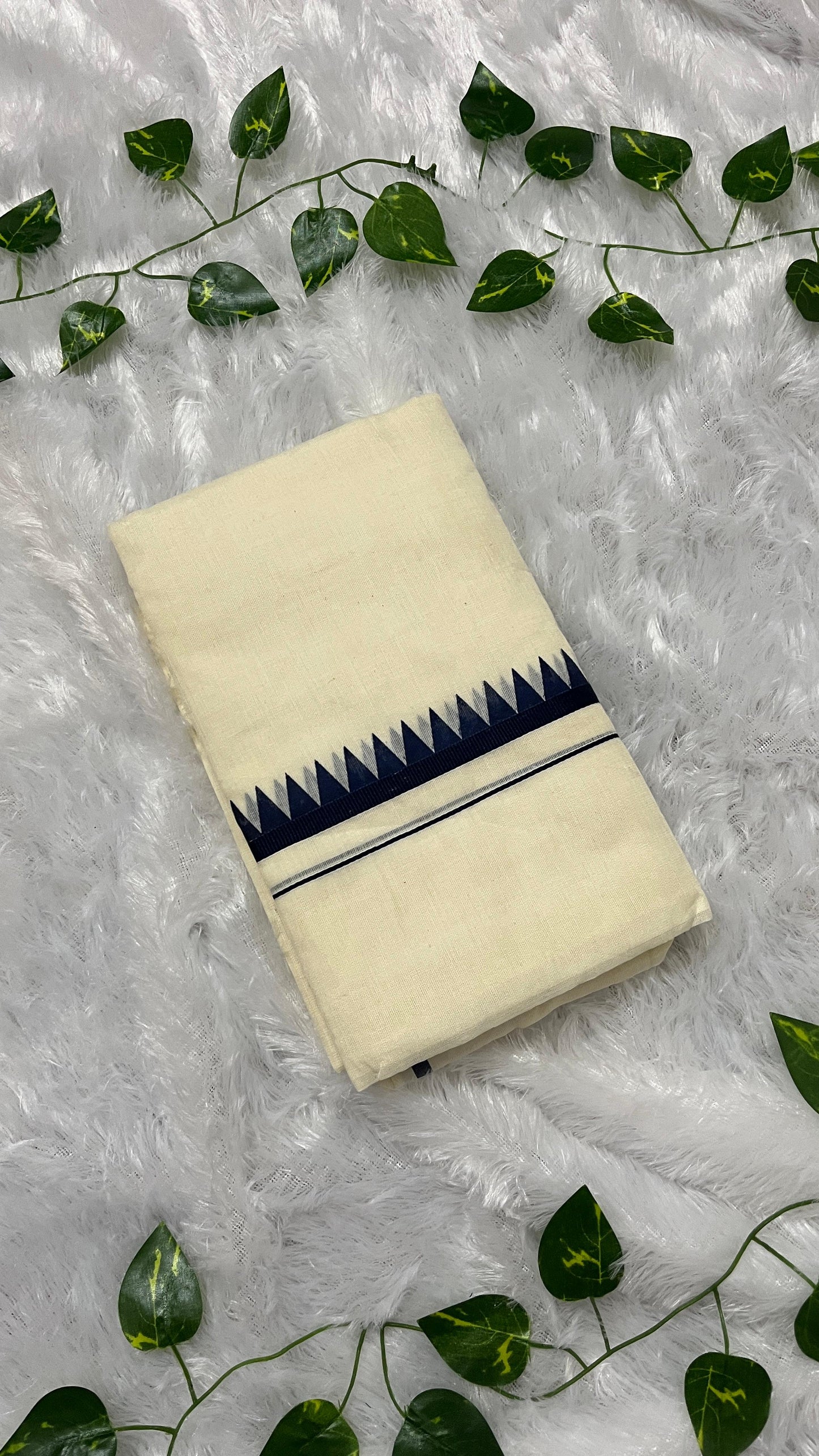 Kerala Set Mundu with Dark Blue Temple Border