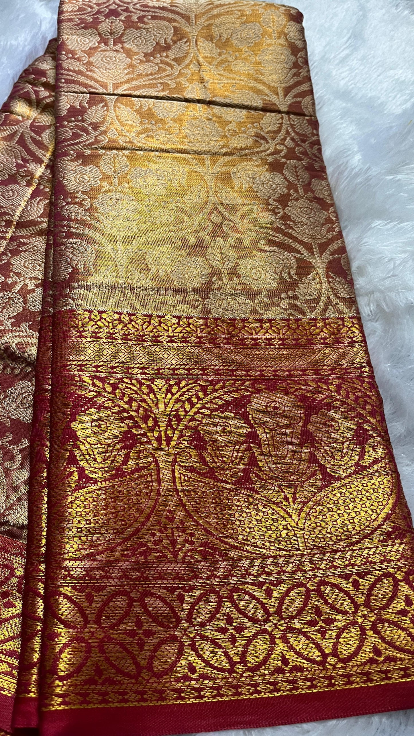 Gold & Red Semi Kanjivaram Saree with Red Border