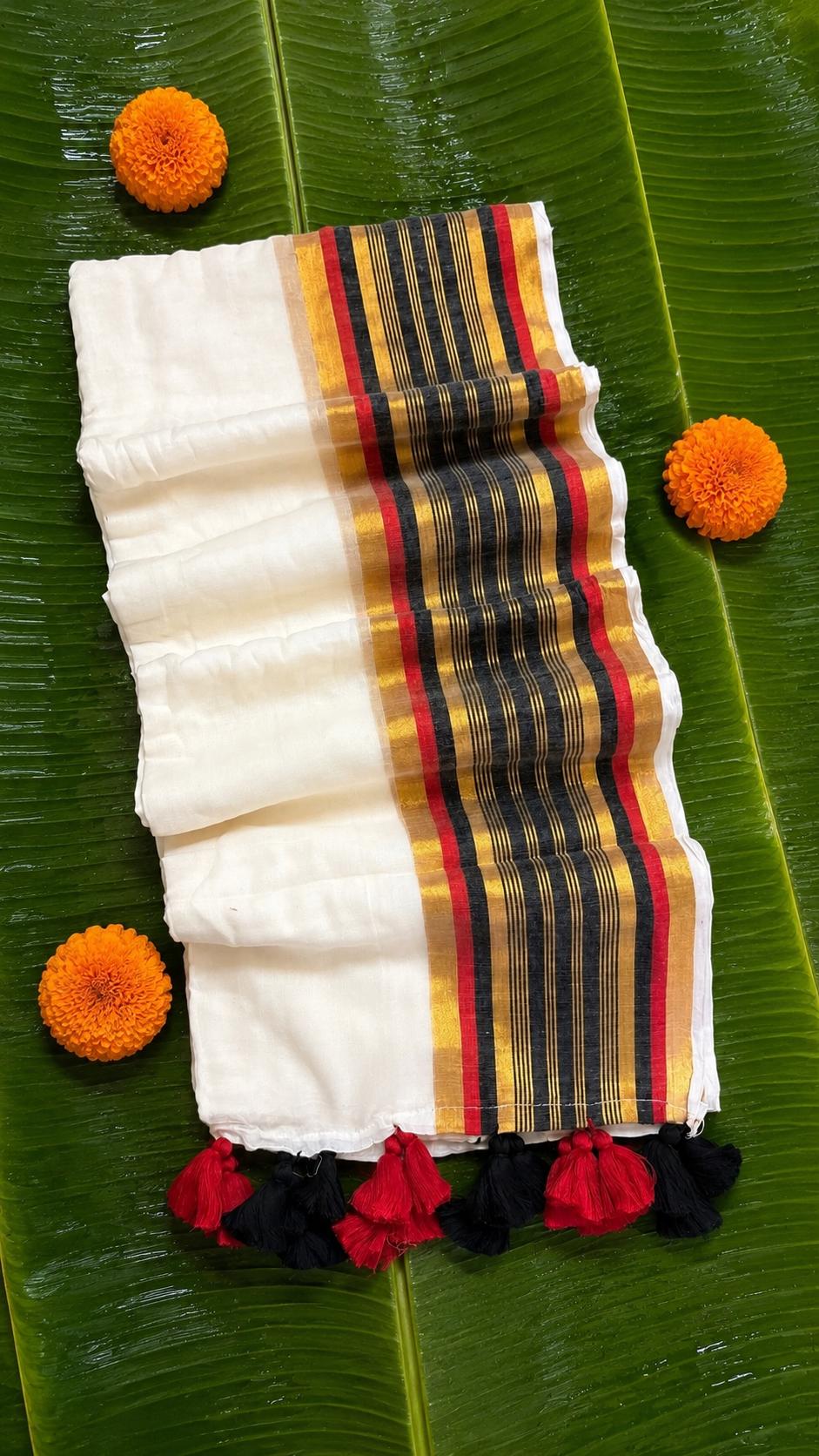 Charutha – Mul Cotton Saree with Red, Black & Golden Kasavu Striped Border