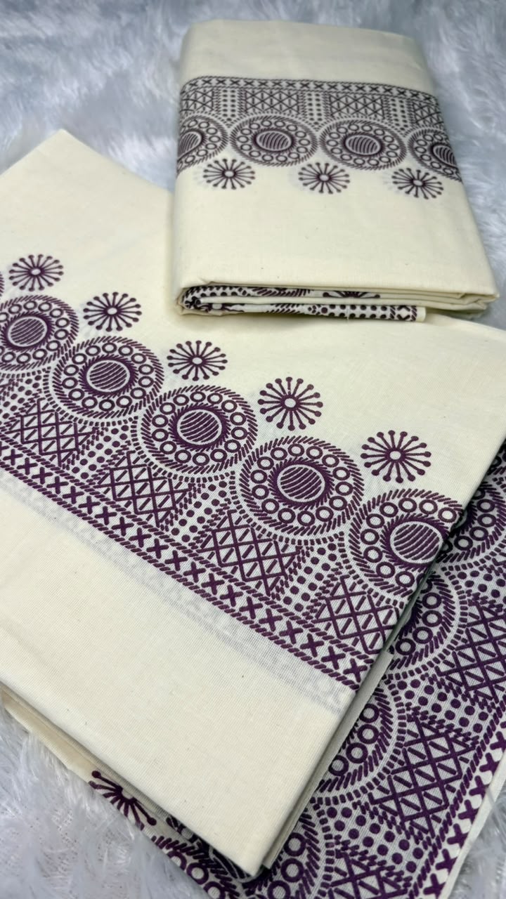 Priyambada – Kerala Set Mundu with Deep Purple Printed Border & Blouse