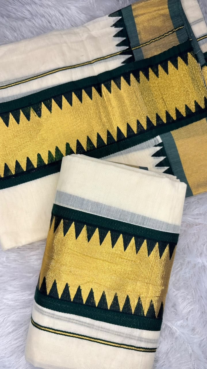 Kavyanjali – Kerala Set Mundu with Bottle Green & Gold Zari Temple Border