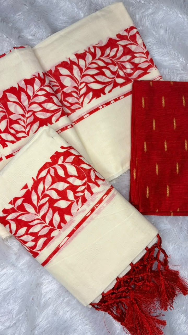 Maithili – Kerala Set Mundu with Red Leaf Motif Border & Blouse