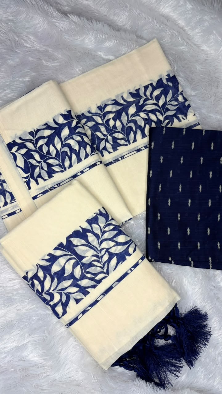 Indira – Kerala Set Mundu with Indigo Leaf Motif Border & Blouse