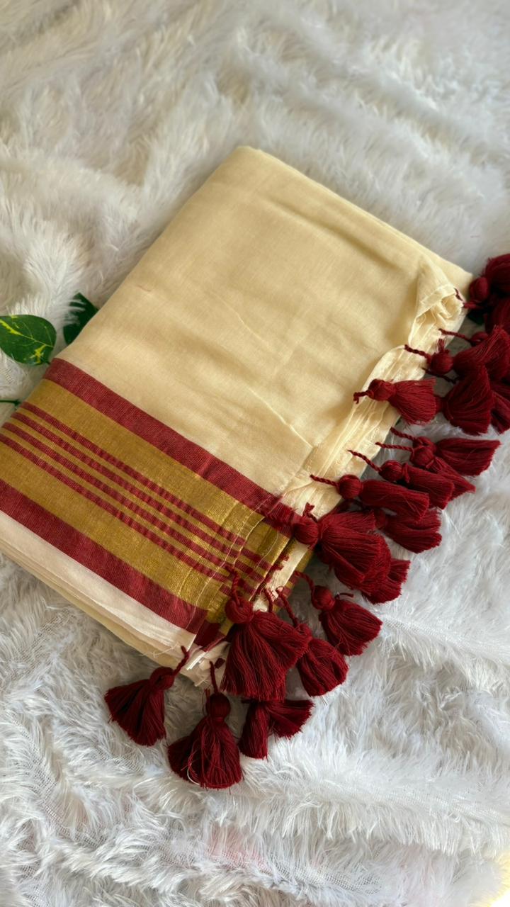 Mul Cotton Saree Maroon border with Zari border