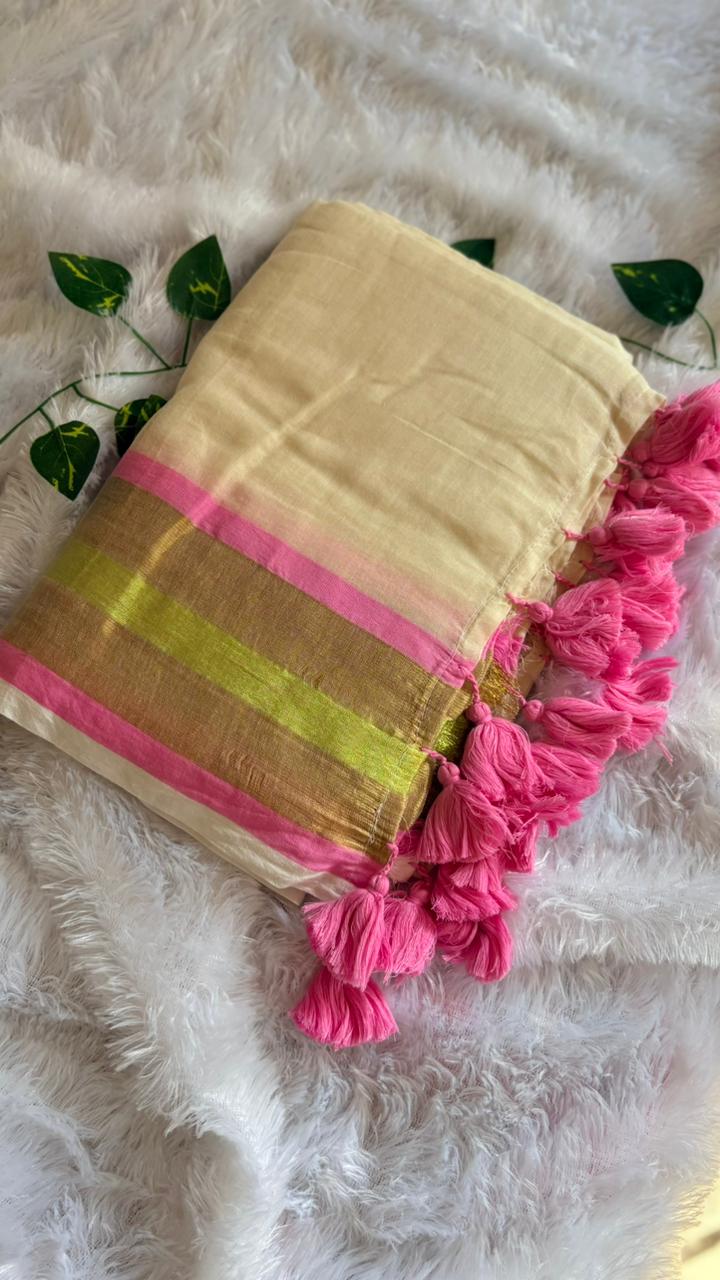 Pure Mul Cotton Pink Saree with Kasavu border
