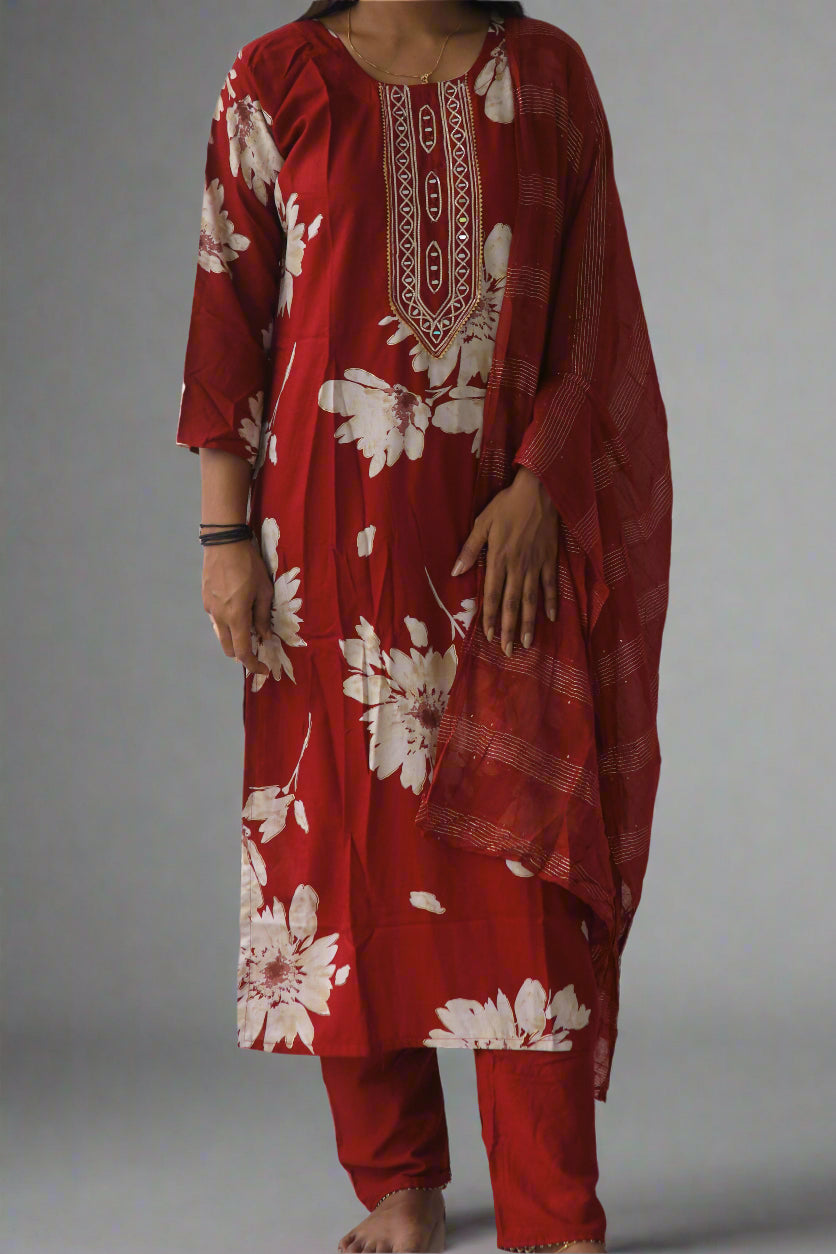 Red 3 Piece Set with Mirror Work