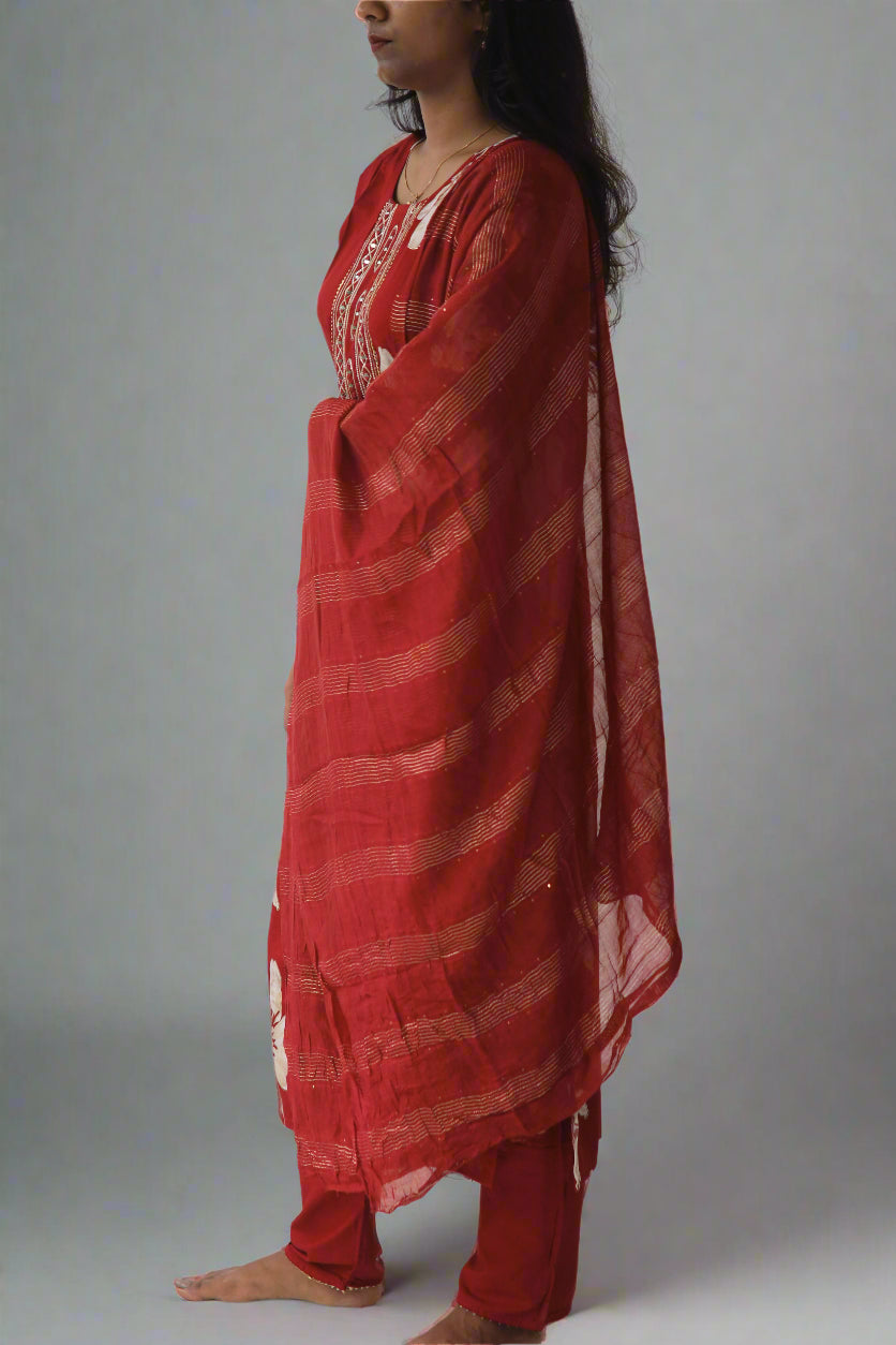 Red 3 Piece Set with Mirror Work