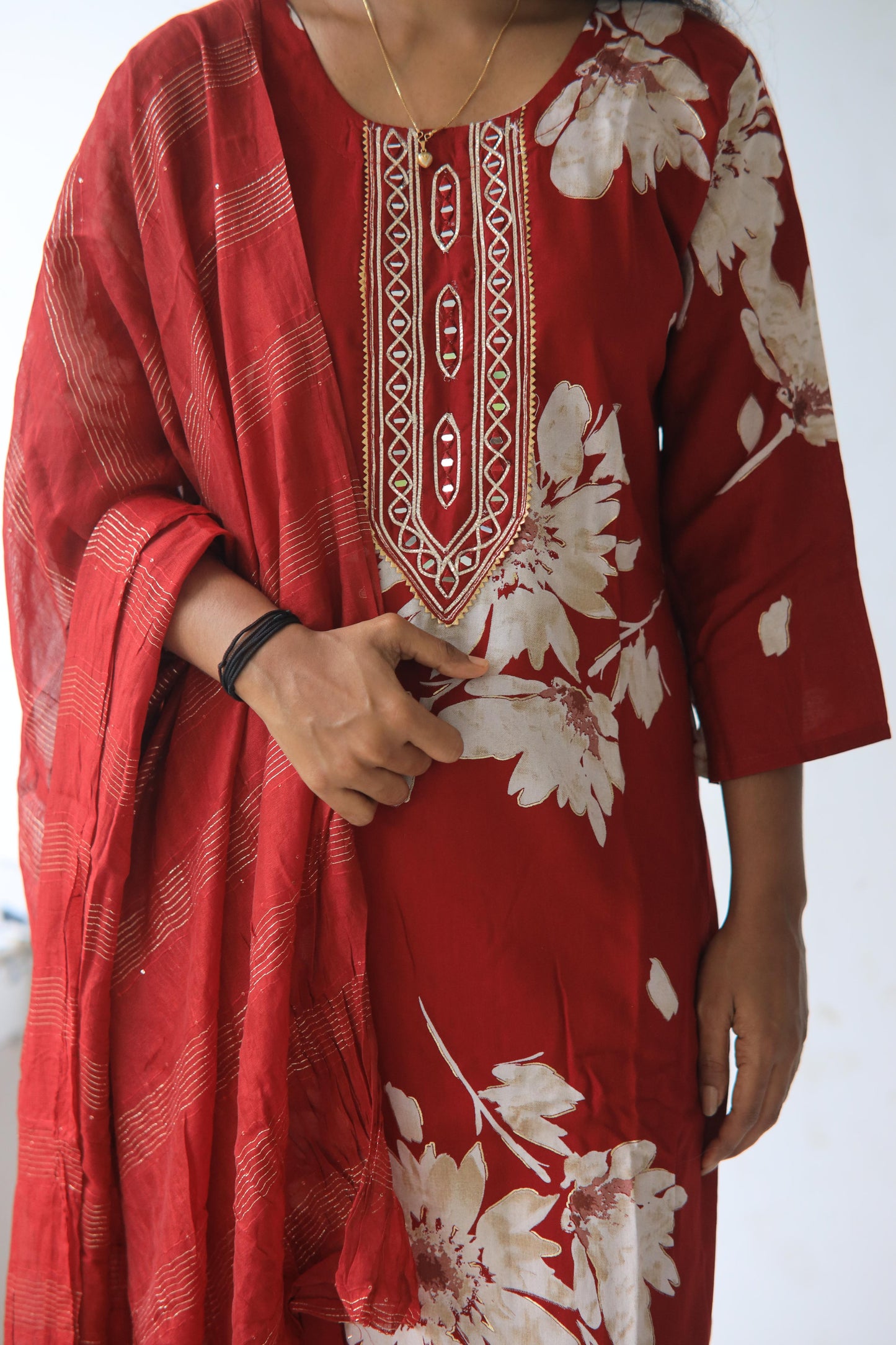 Red 3 Piece Set with Mirror Work