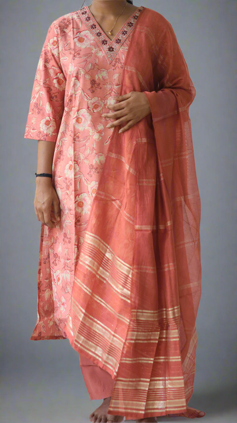 V neck Straight Kurta with Pant and Dupatta