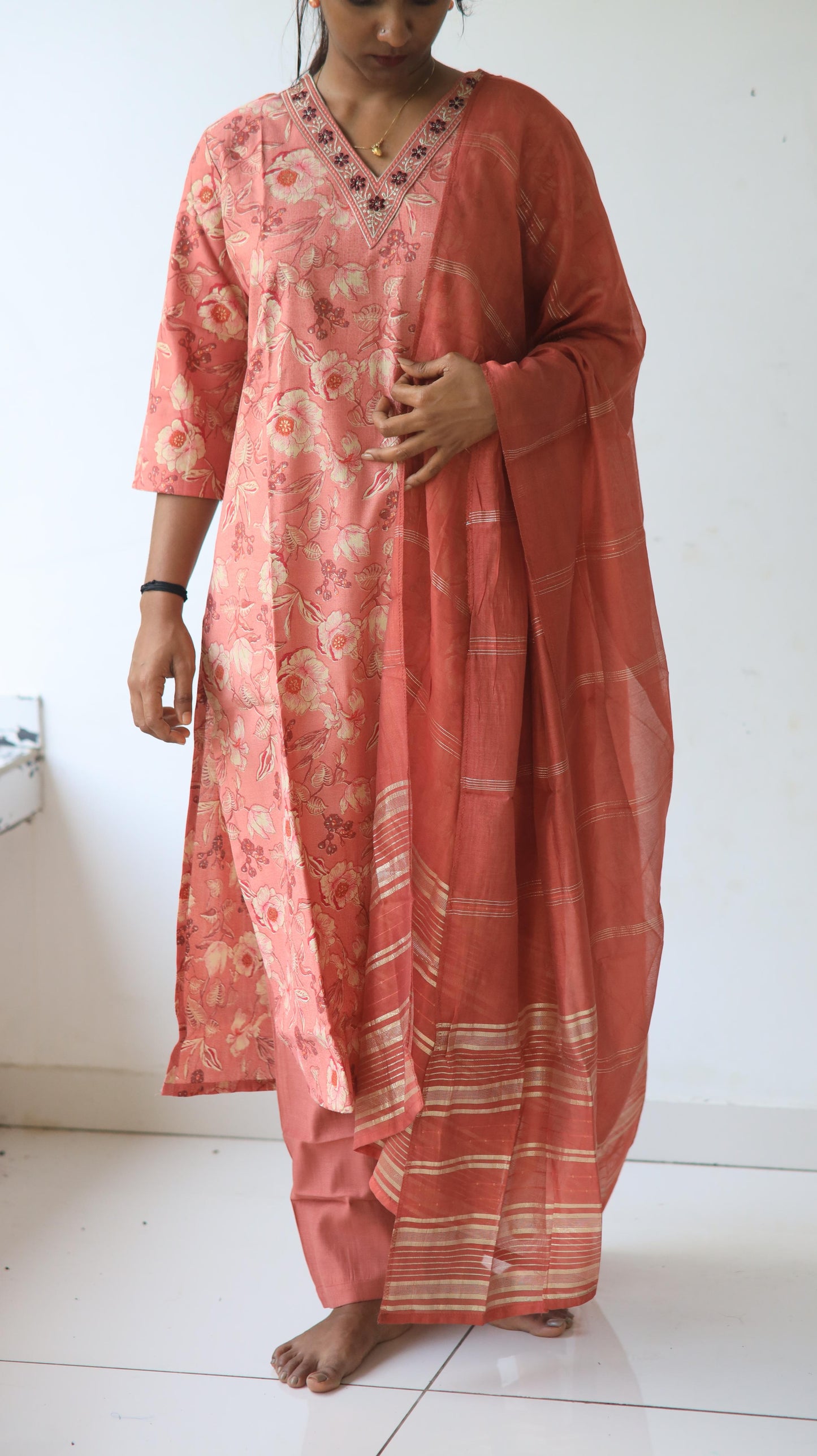 V neck Straight Kurta with Pant and Dupatta