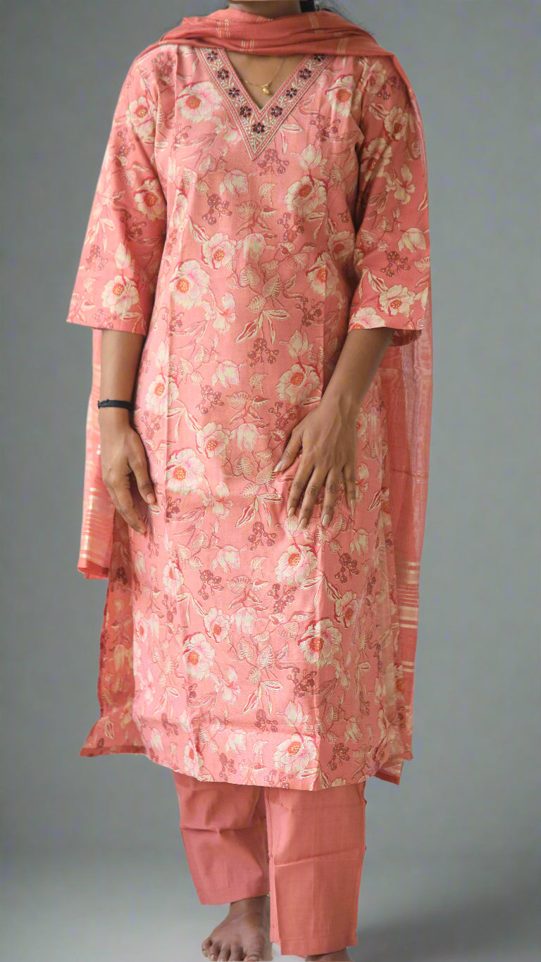 V neck Straight Kurta with Pant and Dupatta