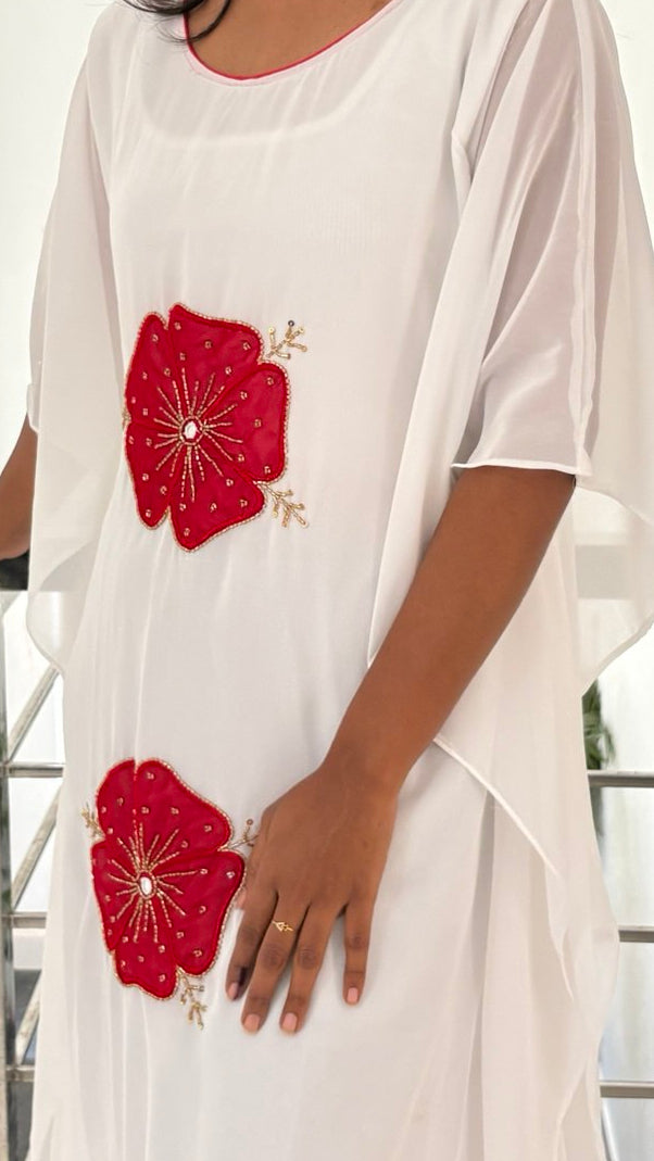 Kaftan- Red floral stone worked white kaftan