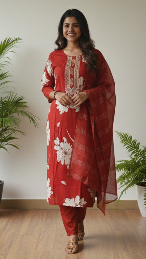 Red 3 Piece Set with Mirror Work