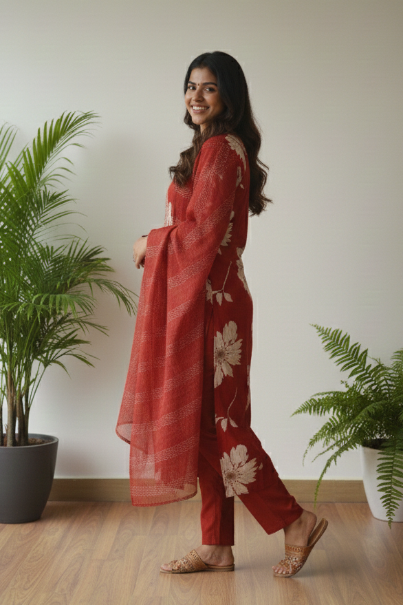 Red 3 Piece Set with Mirror Work