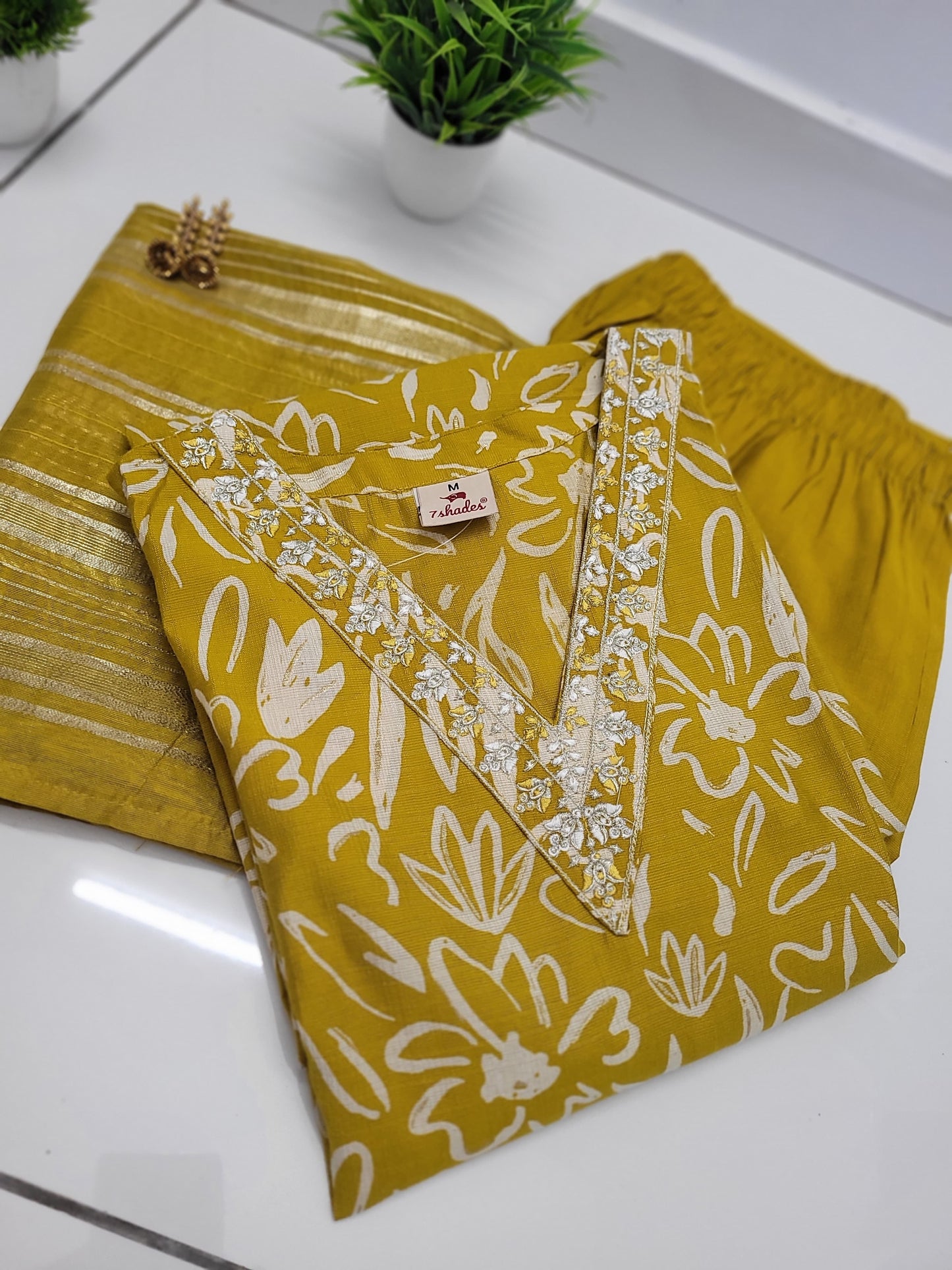 Mustart yellow V neck Straight Kurta with Pant and Dupatta