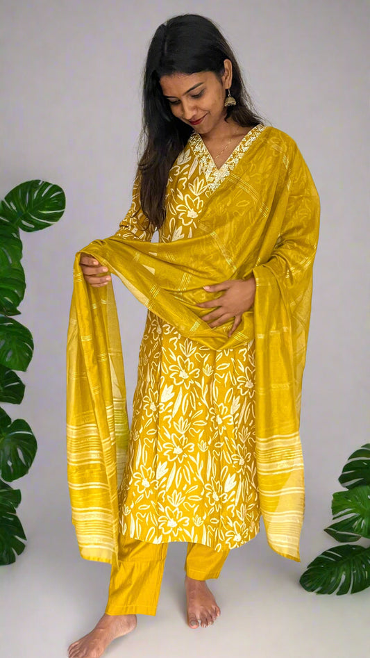 Mustart yellow V neck Straight Kurta with Pant and Dupatta
