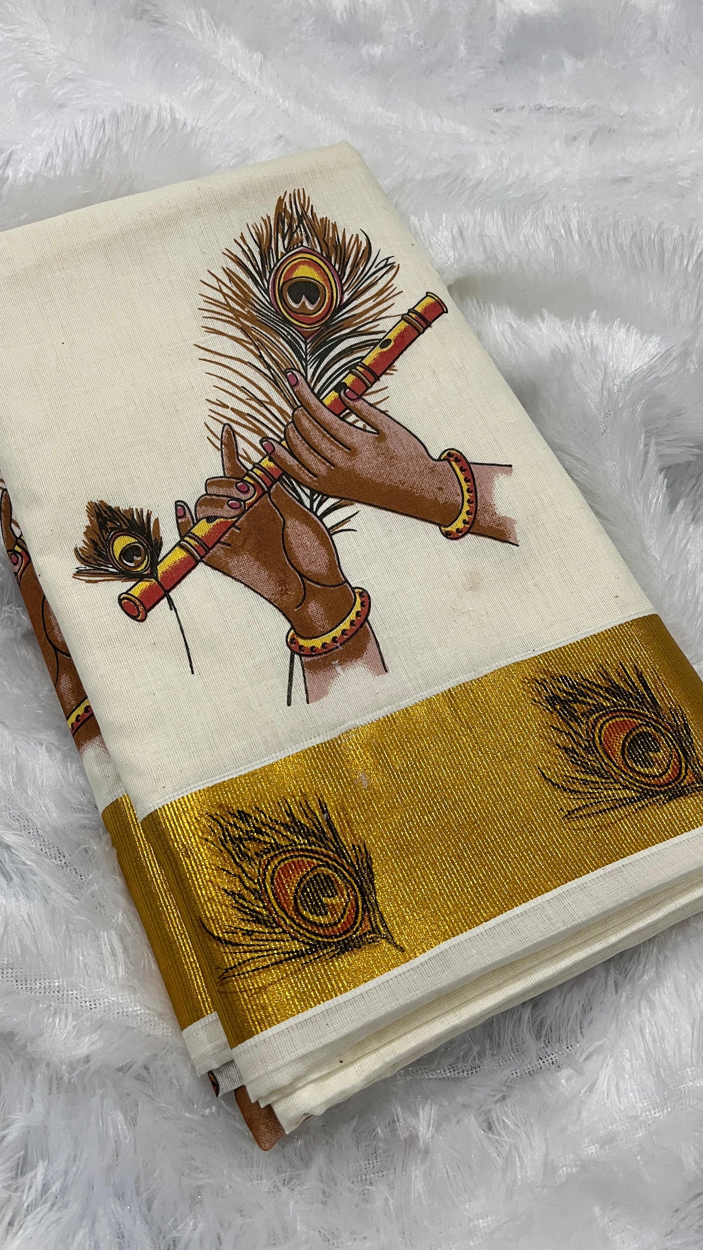 Peelidwani – Handwoven Cotton Kerala Saree with Krishna & Mayil Peeli Motif