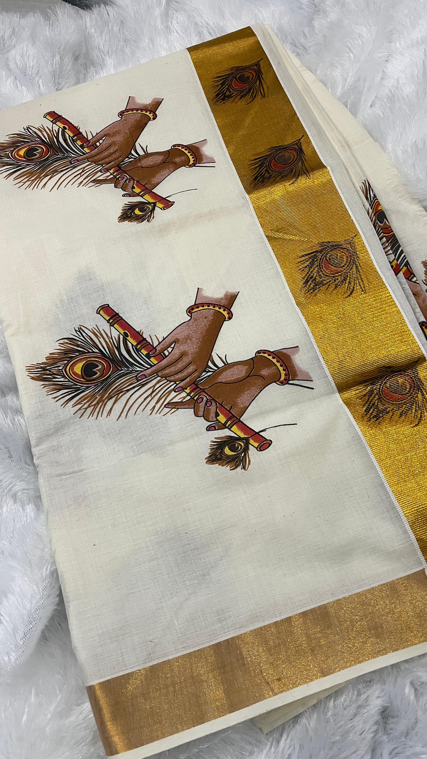 Peelidwani – Handwoven Cotton Kerala Saree with Krishna & Mayil Peeli Motif