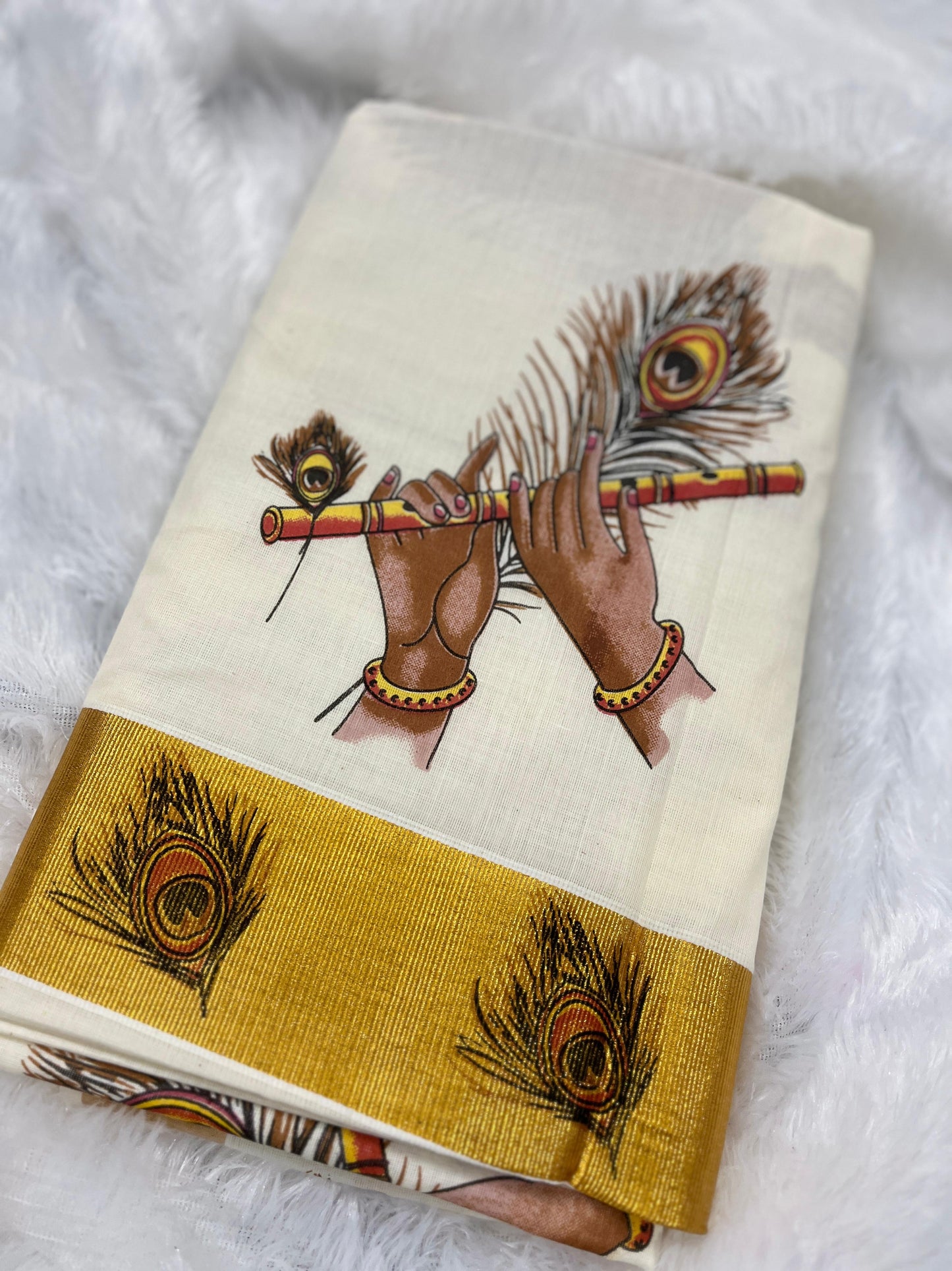 Peelidwani – Handwoven Cotton Kerala Saree with Krishna & Mayil Peeli Motif