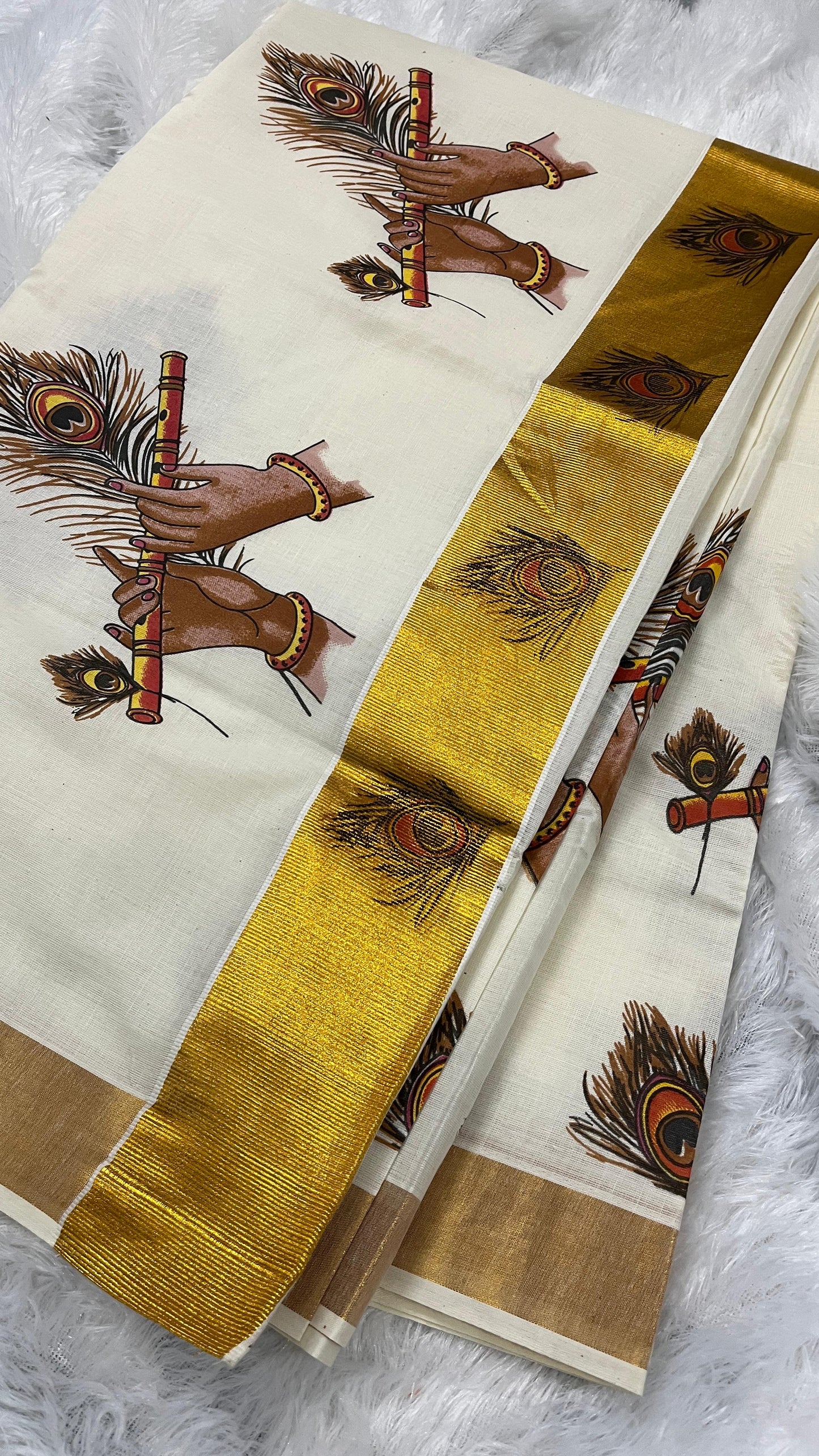 Peelidwani – Handwoven Cotton Kerala Saree with Krishna & Mayil Peeli Motif