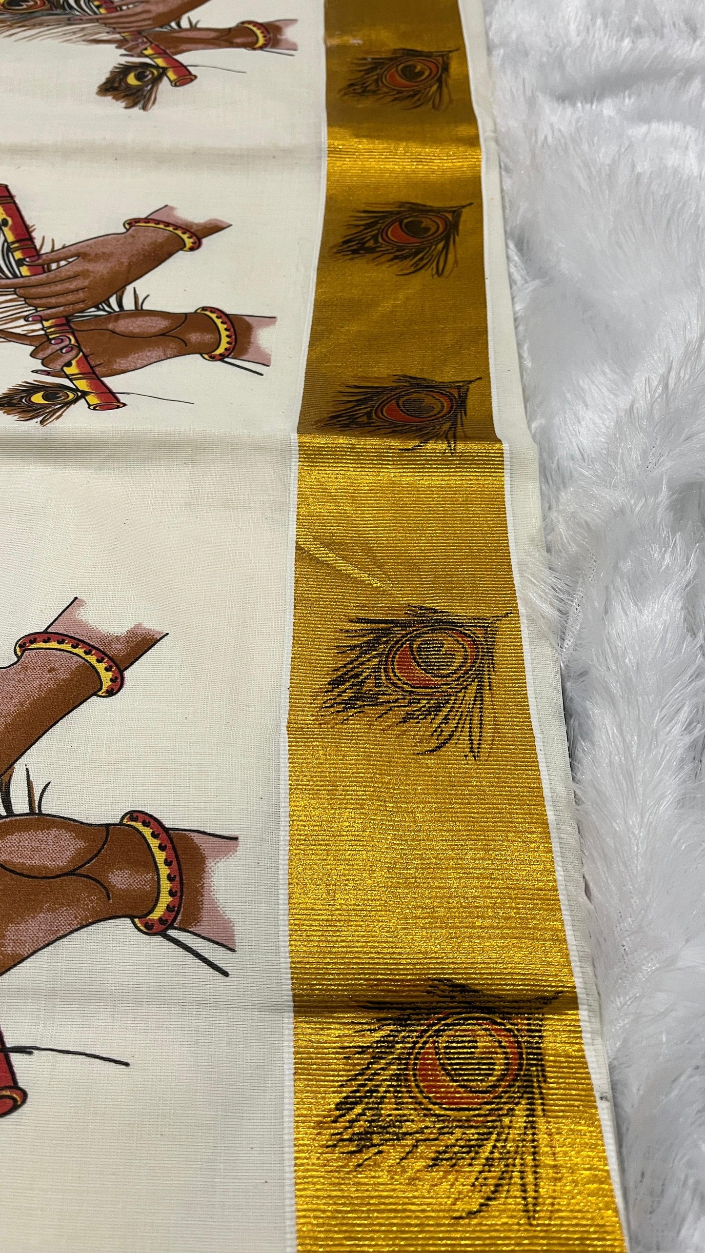 Peelidwani – Handwoven Cotton Kerala Saree with Krishna & Mayil Peeli Motif
