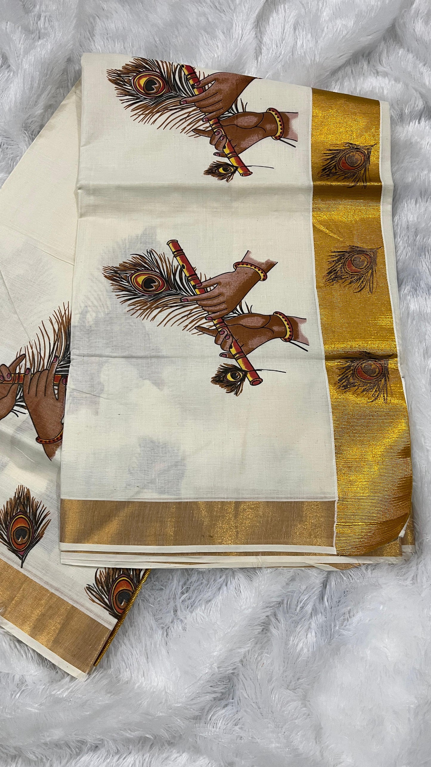 Peelidwani – Handwoven Cotton Kerala Saree with Krishna & Mayil Peeli Motif