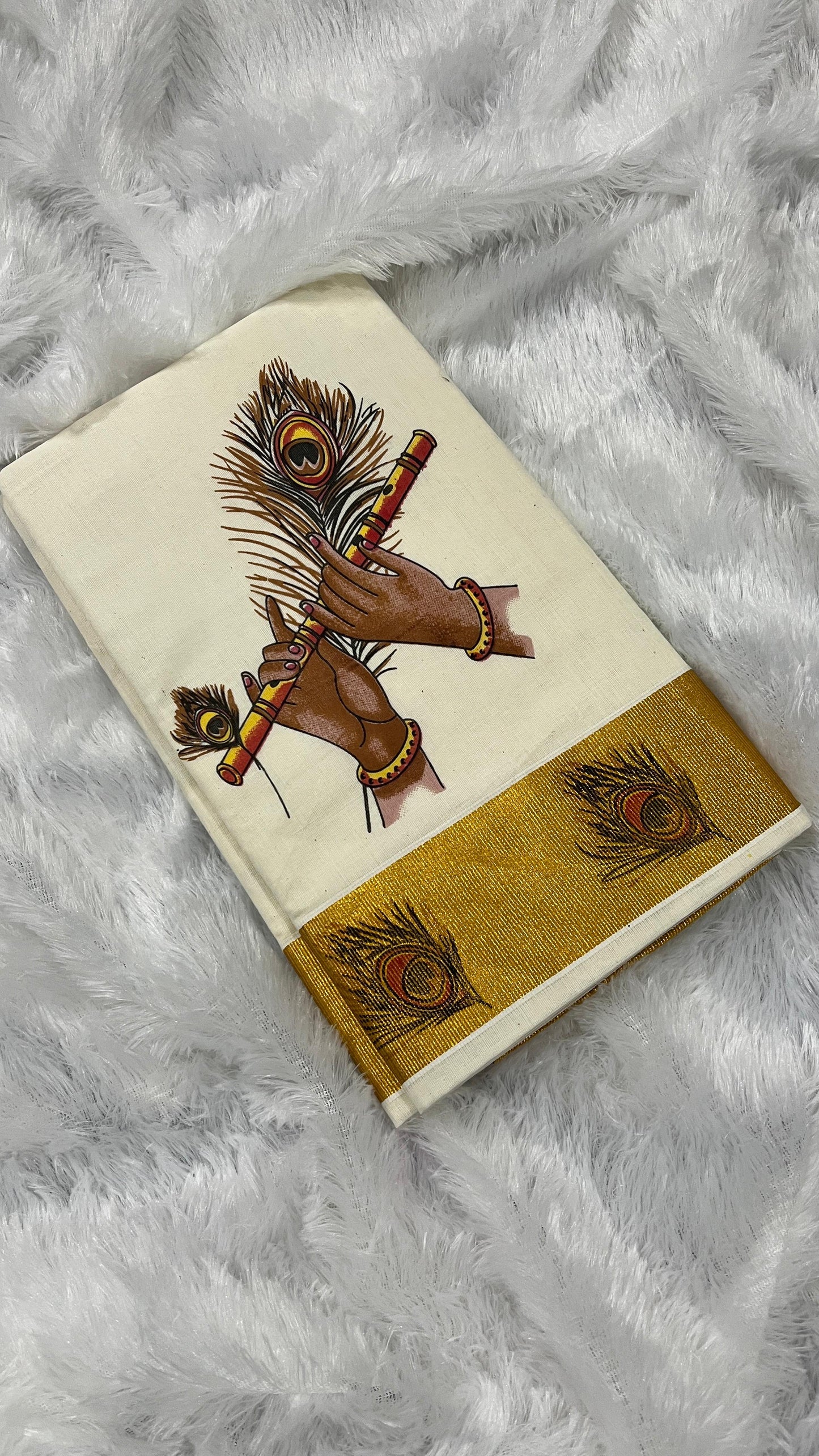 Peelidwani – Handwoven Cotton Kerala Saree with Krishna & Mayil Peeli Motif