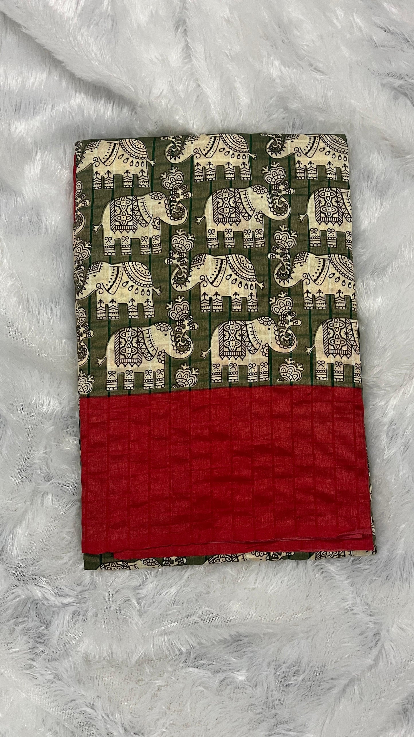 Hasthini – Green Elephant Print Soft Silk Saree with Red Border
