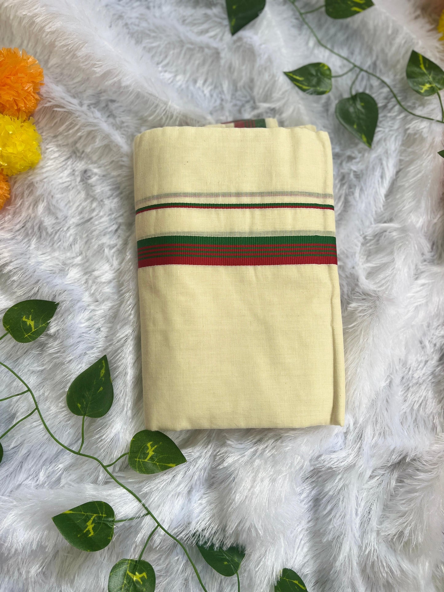 Kerala Set Mundu with Red & Green  Border