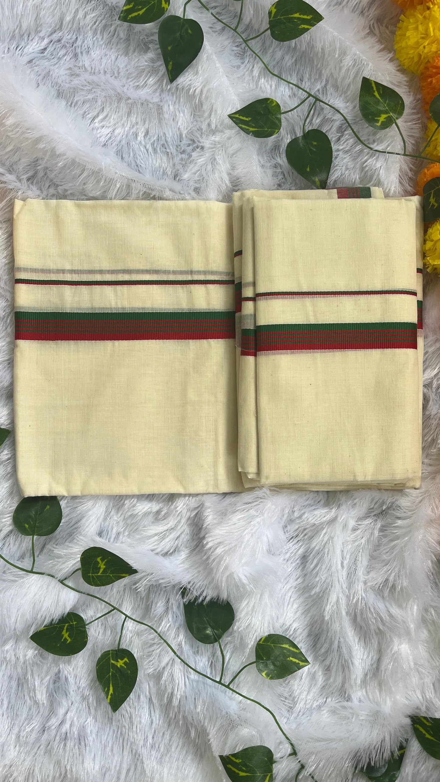 Kerala Set Mundu with Red & Green  Border