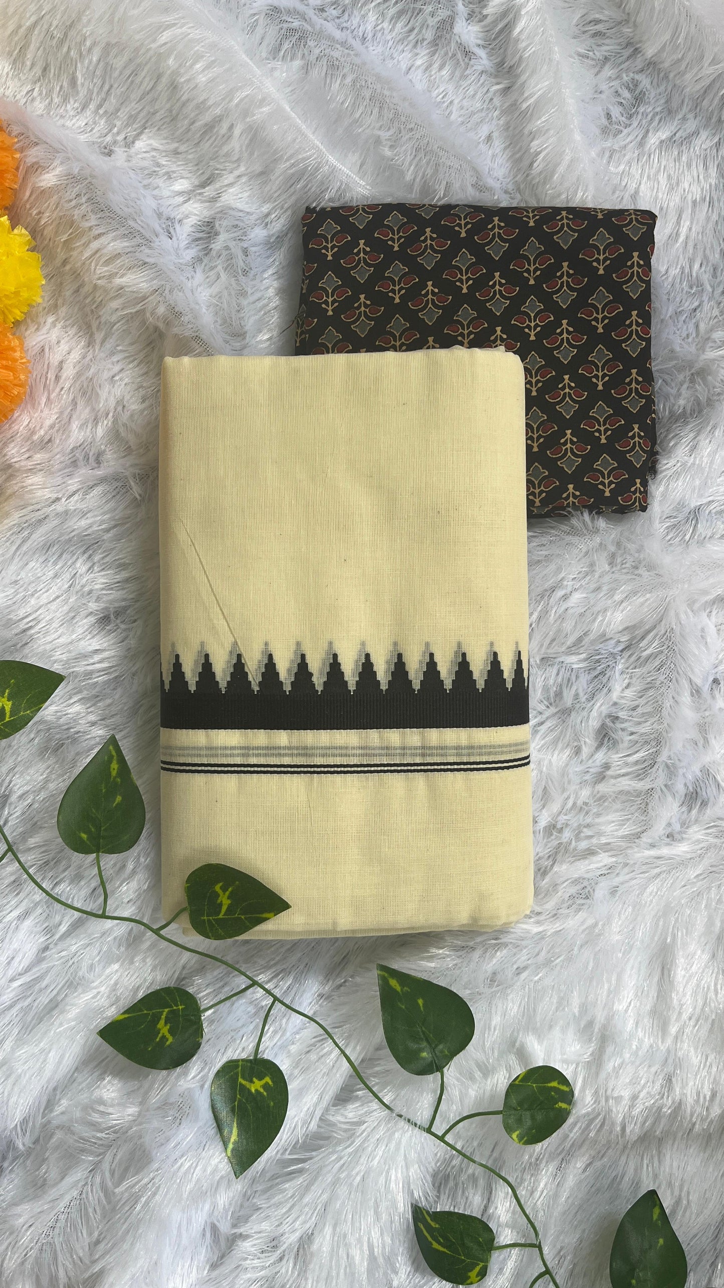 Karivara – Kerala Set Mundu with Black Temple Border