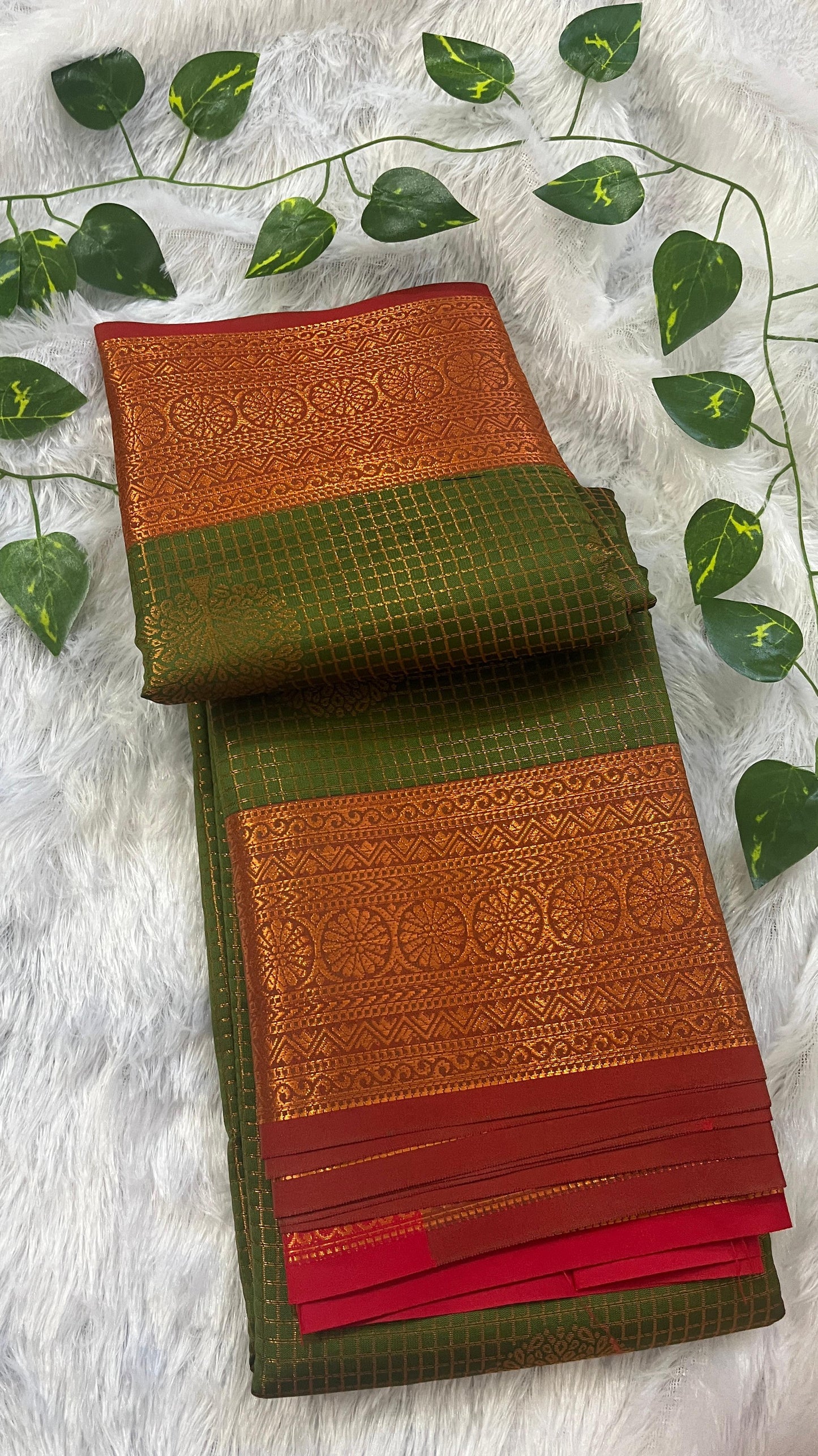 Rajamrudini – Green Semi Kanjivaram Saree with Red Border