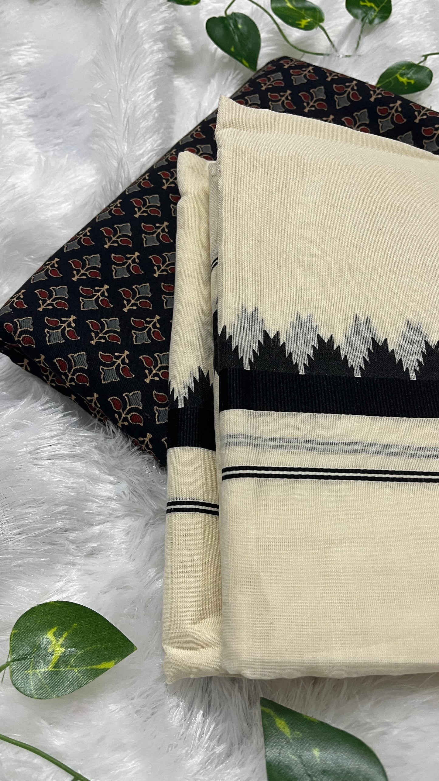 Kerala Set Mundu with Black Temple Border