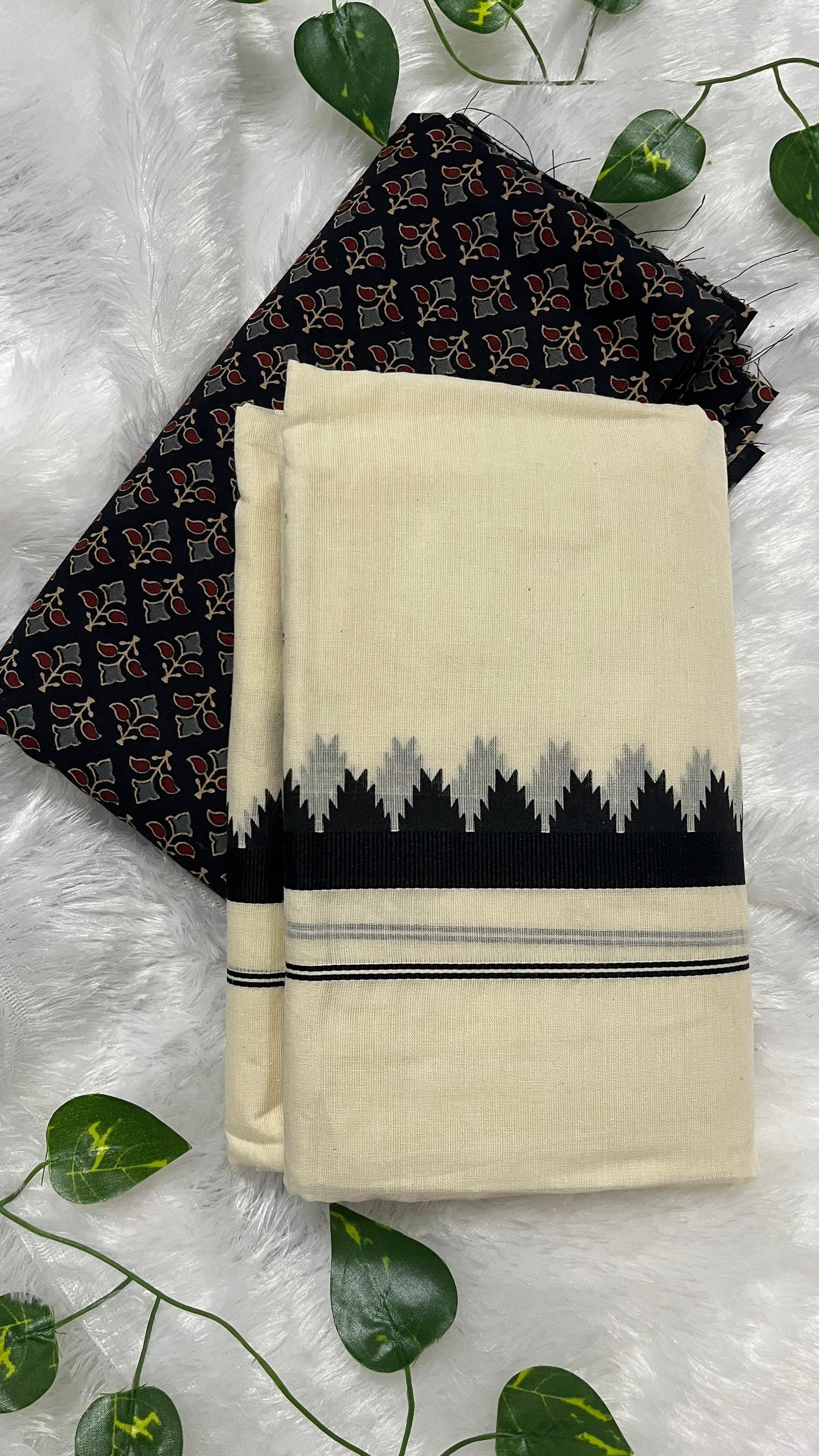 Kerala Set Mundu with Black Temple Border