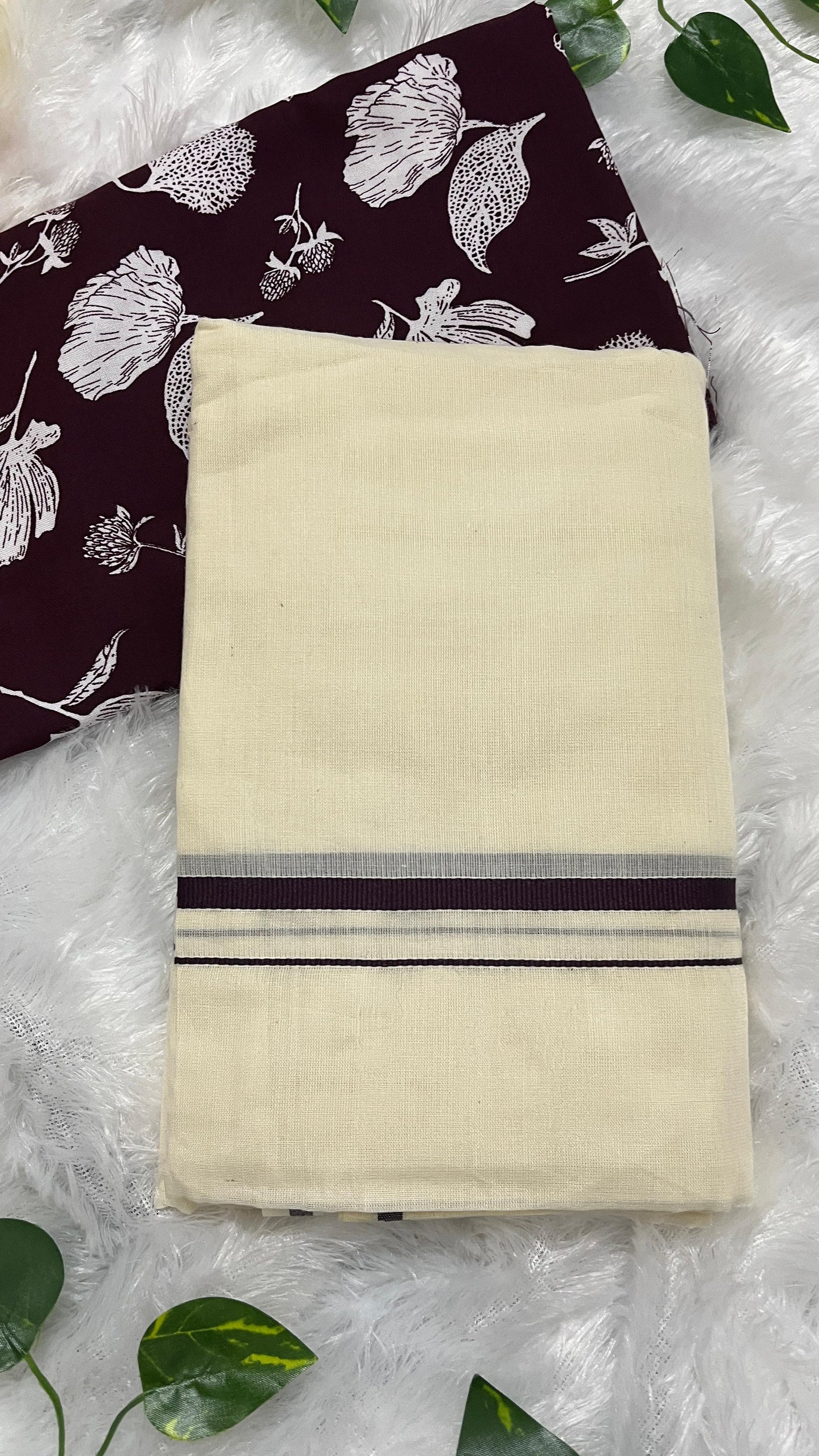 Puliyilakara – Kerala Set Mundu with Indigo Border & Blouse