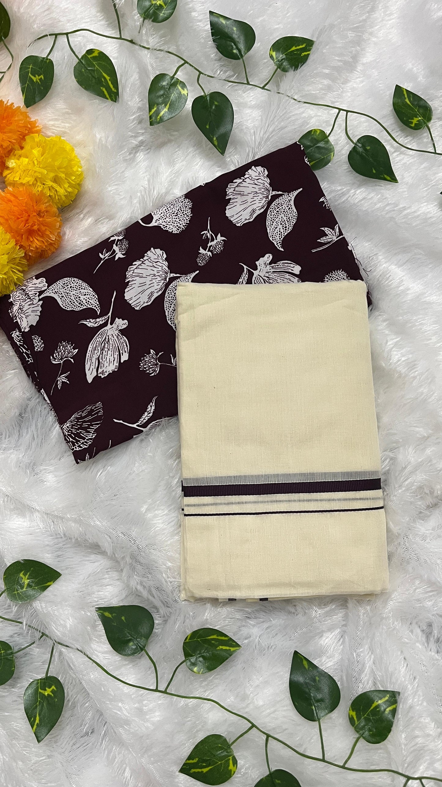 Puliyilakara – Kerala Set Mundu with Indigo Border & Blouse
