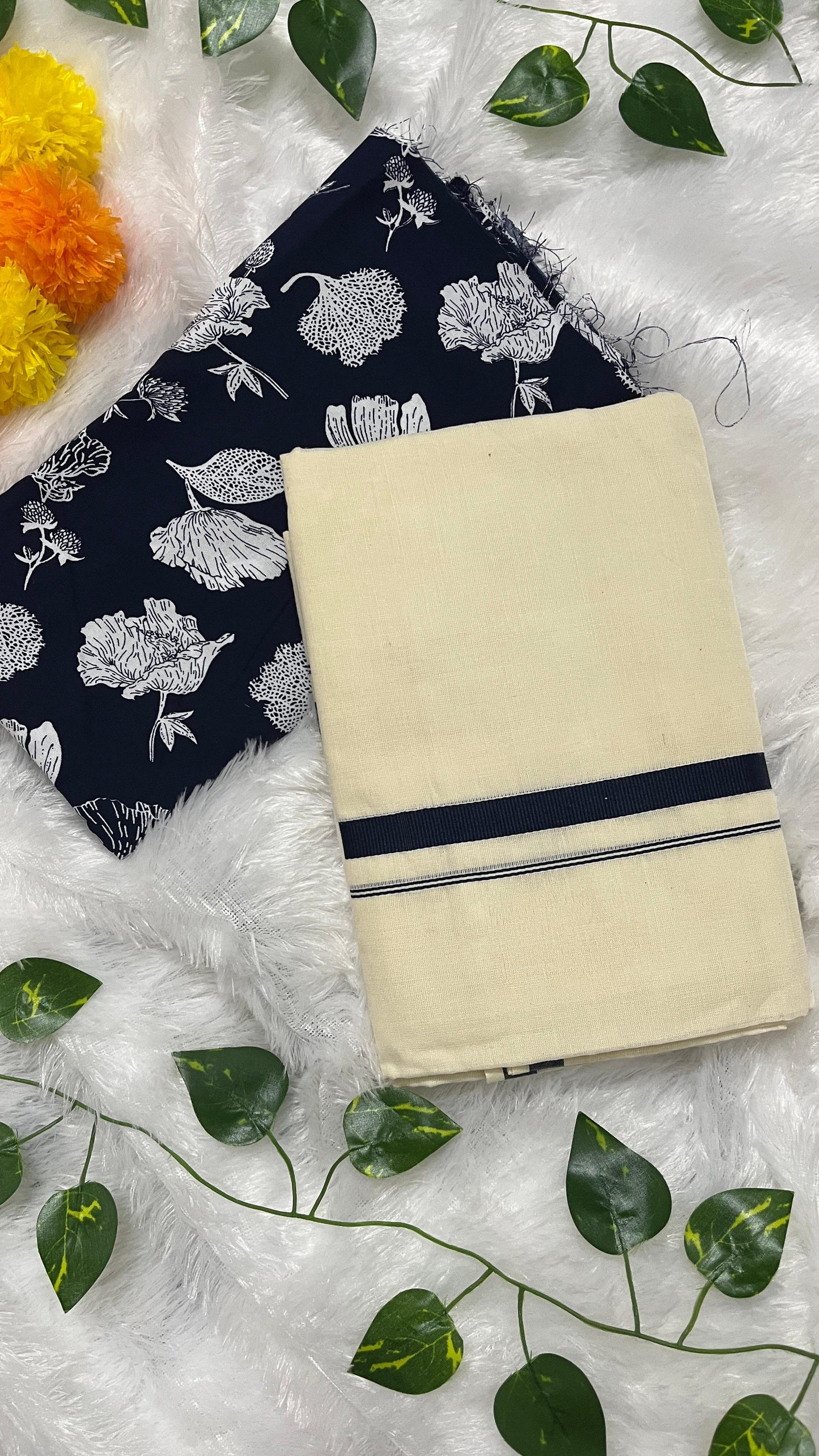 Kerala Set Mundu with Navy Blue Border with blouse