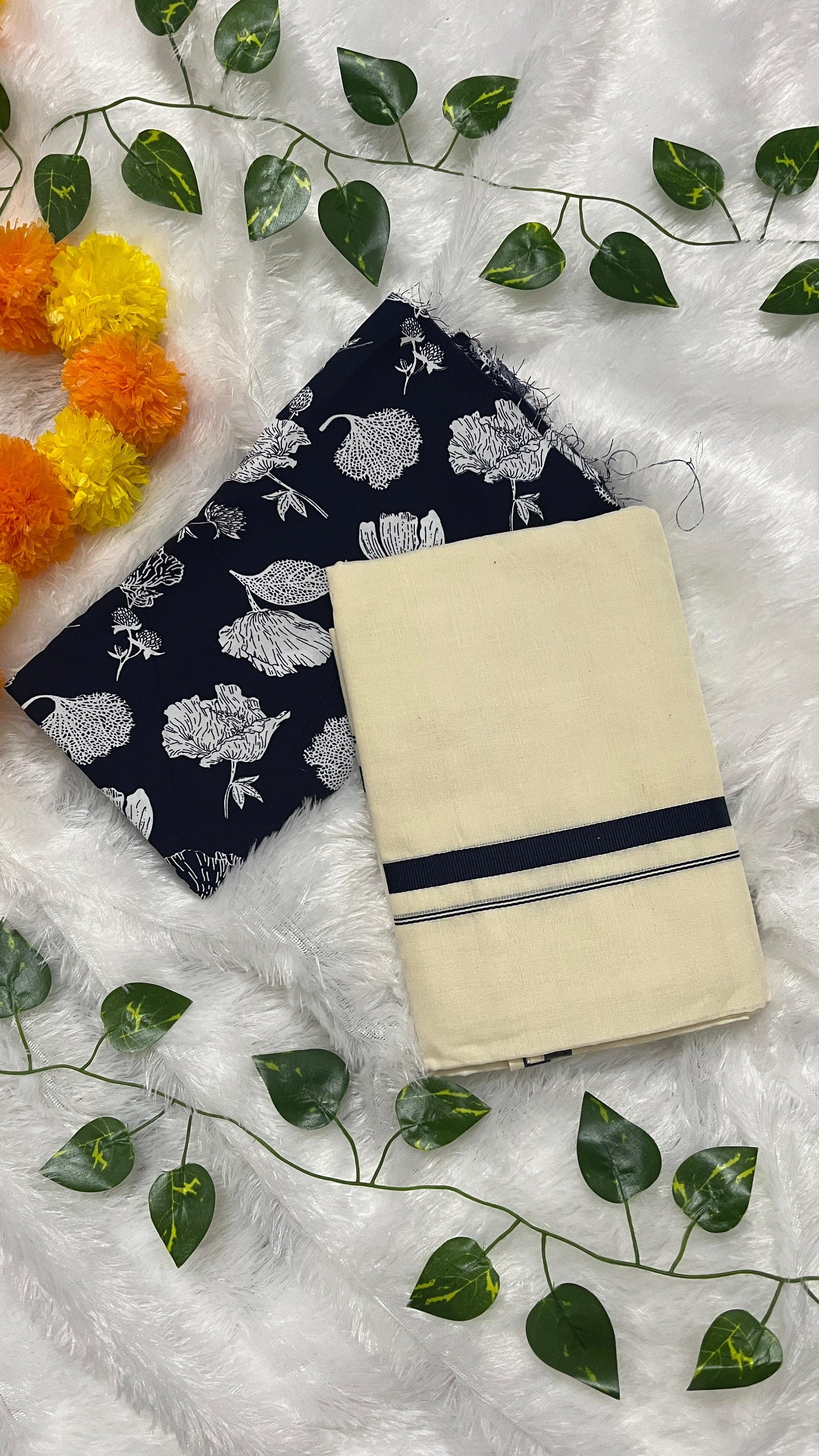 Kerala Set Mundu with Navy Blue Border with blouse