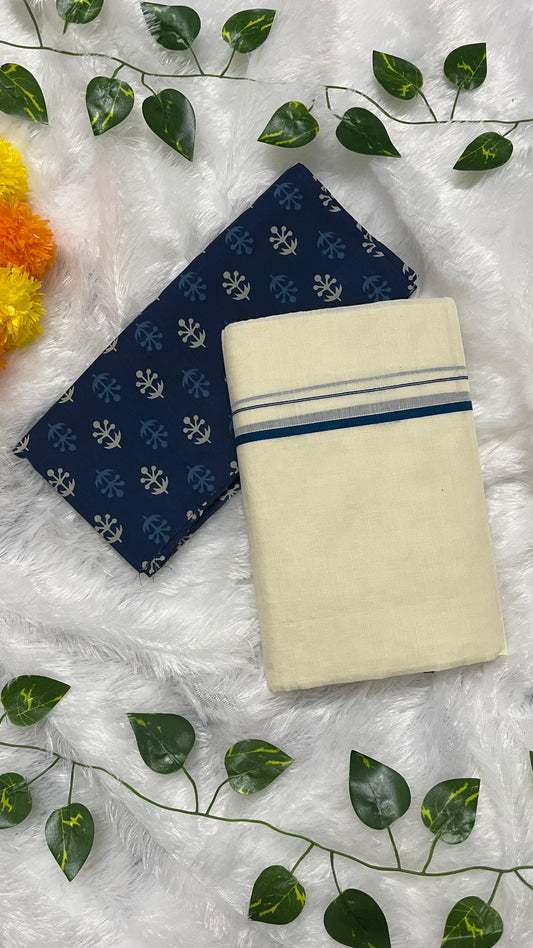 Puliyilakara – Kerala Set Mundu with Blue Border & Blouse