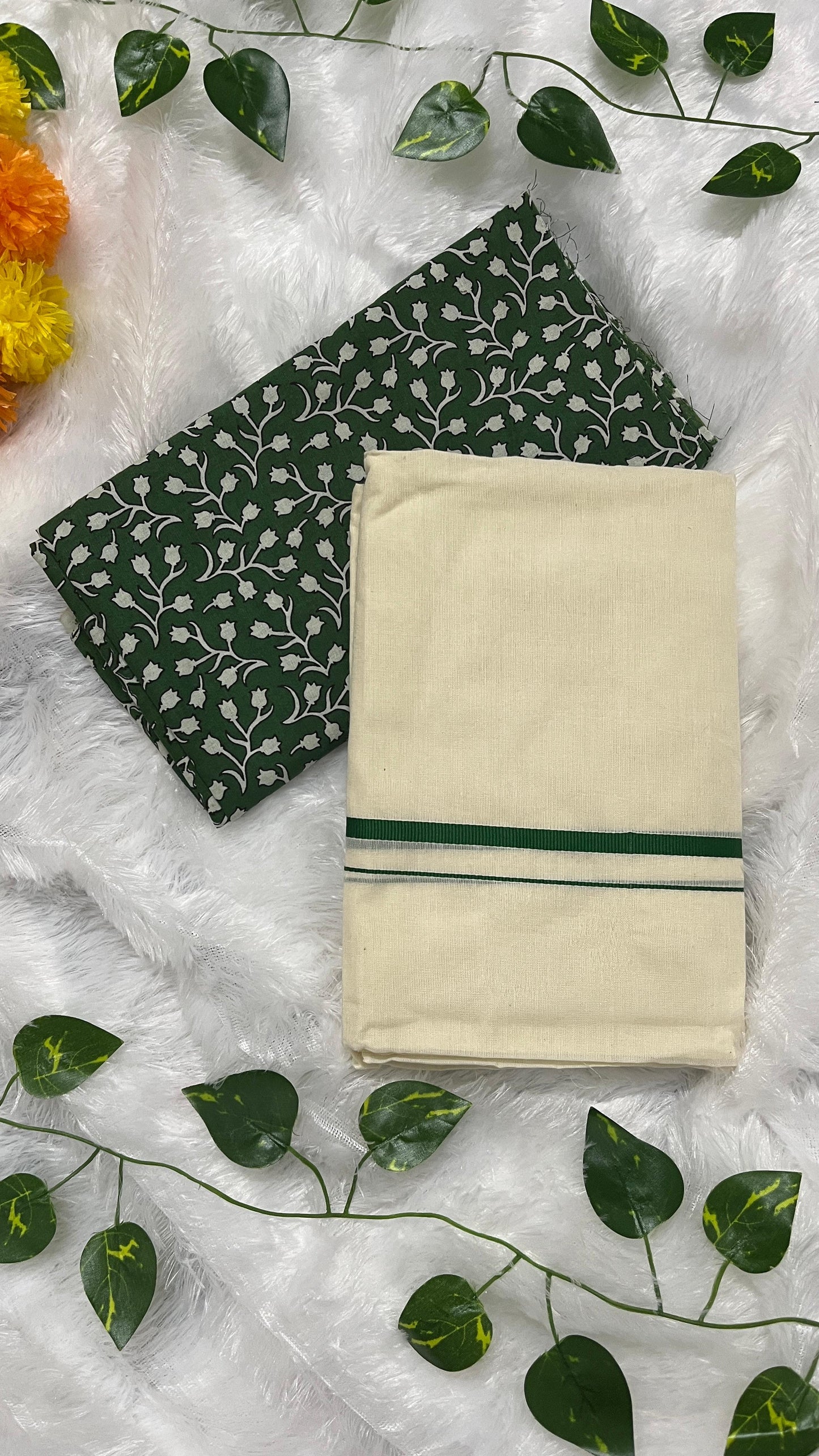 Puliyilakara – Kerala Set Mundu with Green Border & Blouse