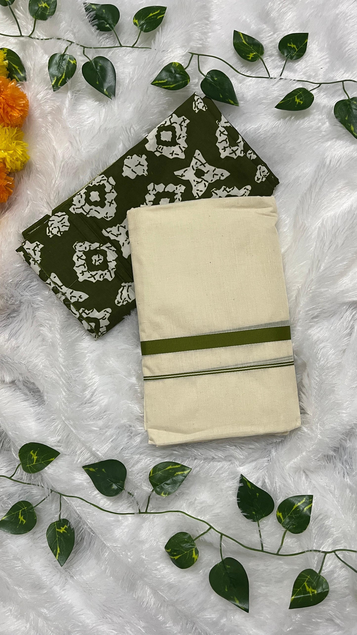 Kerala Set Mundu with Light Green Border with blouse