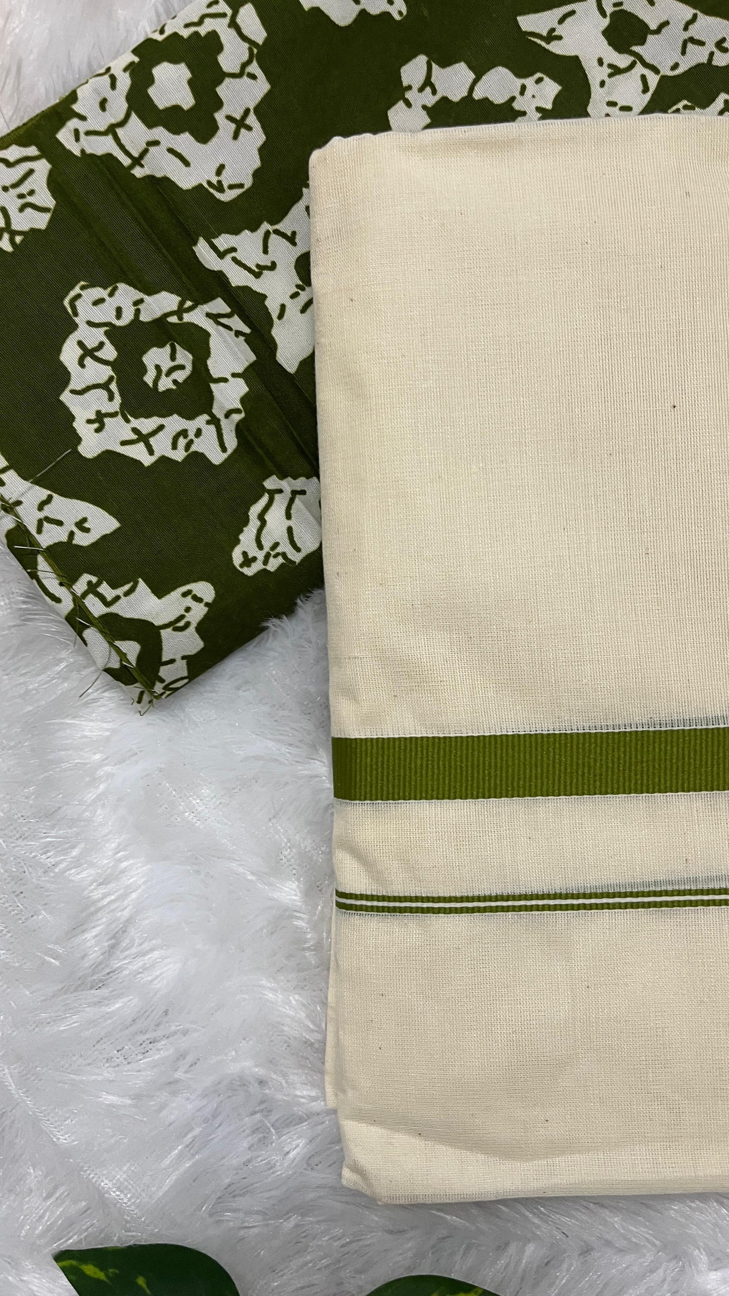 Kerala Set Mundu with Light Green Border with blouse