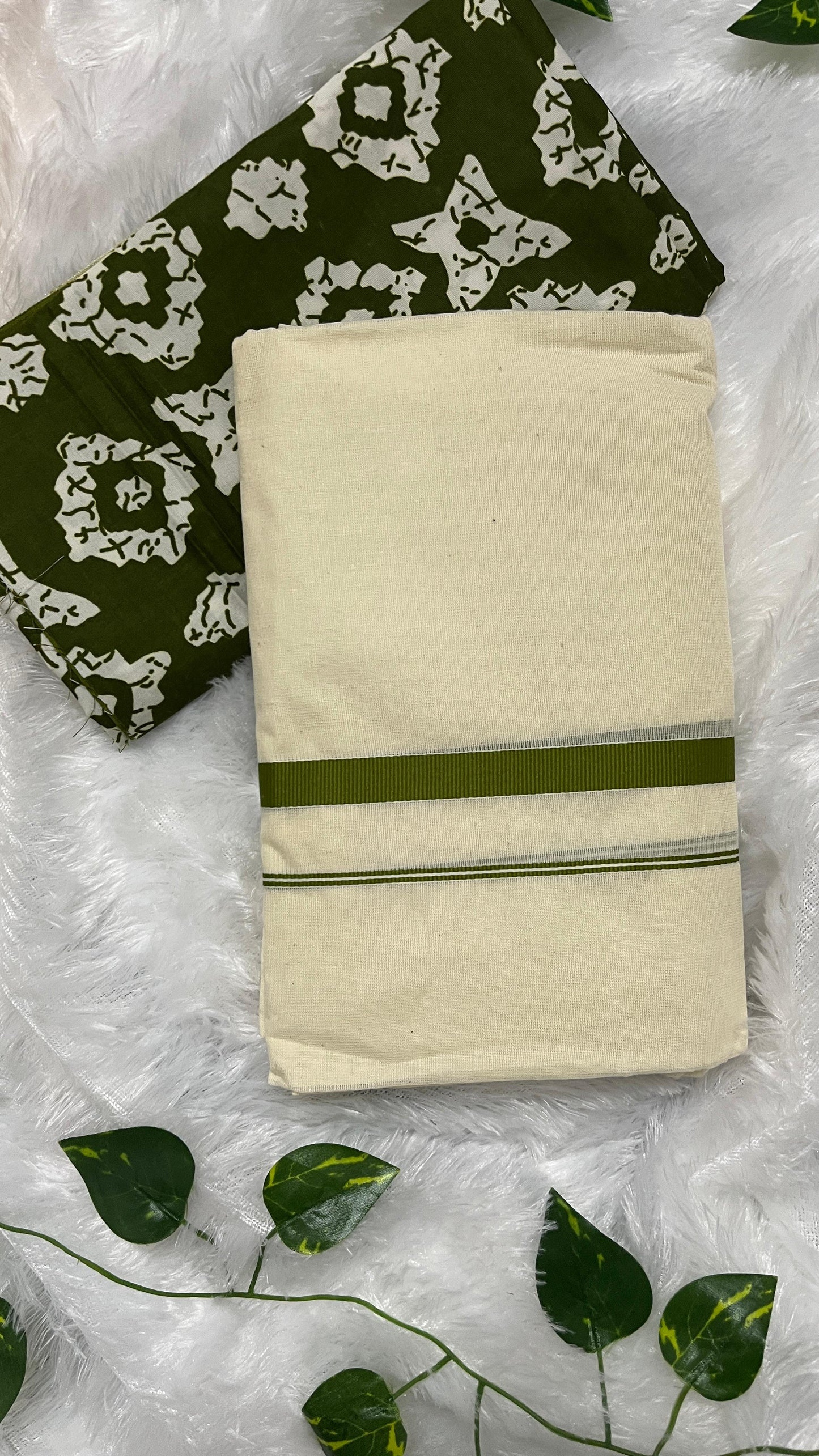 Kerala Set Mundu with Light Green Border with blouse