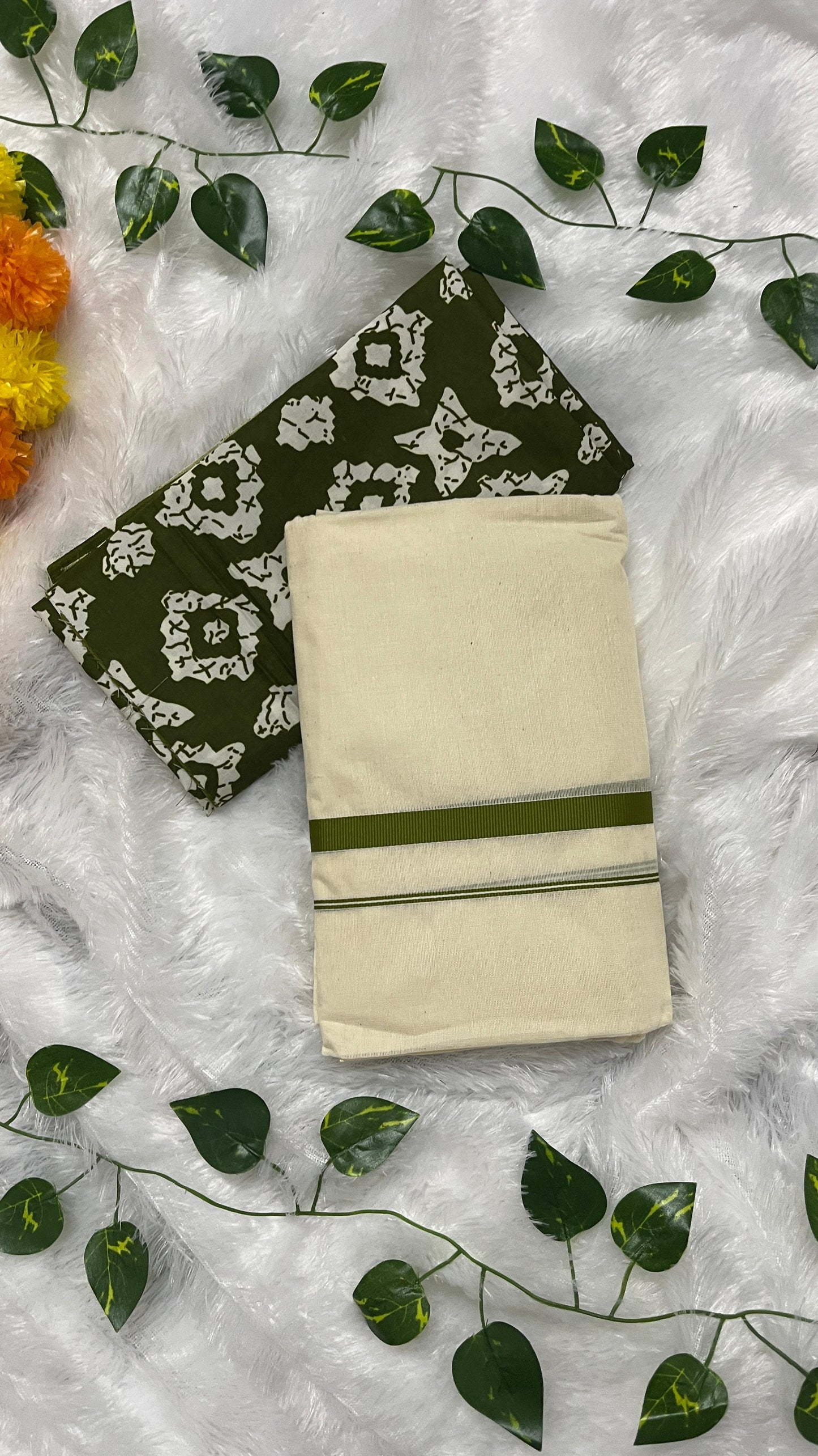 Kerala Set Mundu with Light Green Border with blouse